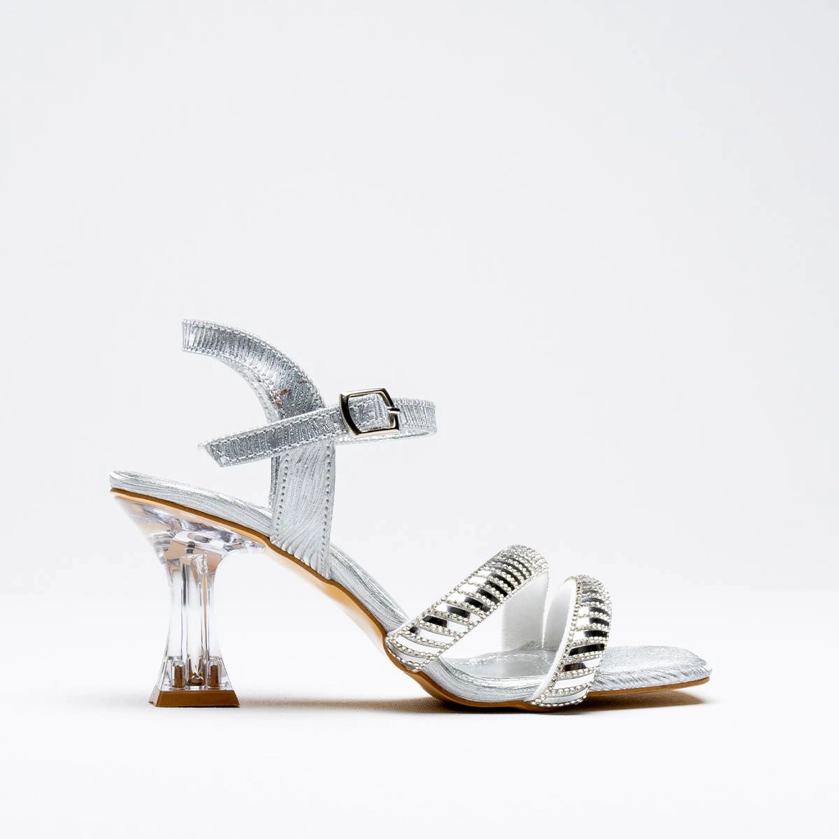 Tekstil Taşlı İnce Topuklu Ayakkabı - Gümüş