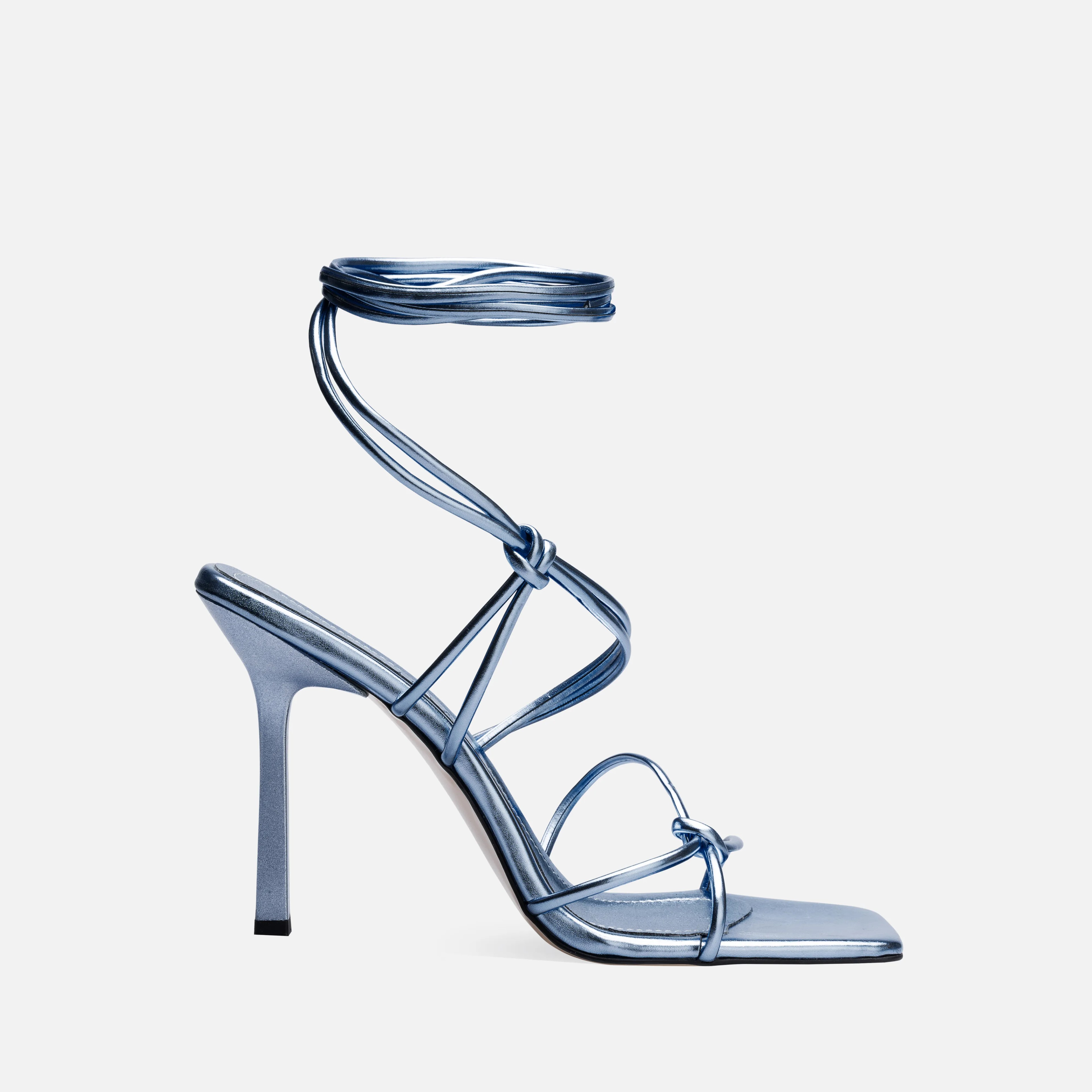 Metalik Bağcıklı İnce Yüksek Topuklu Ayakkabı - Mavi