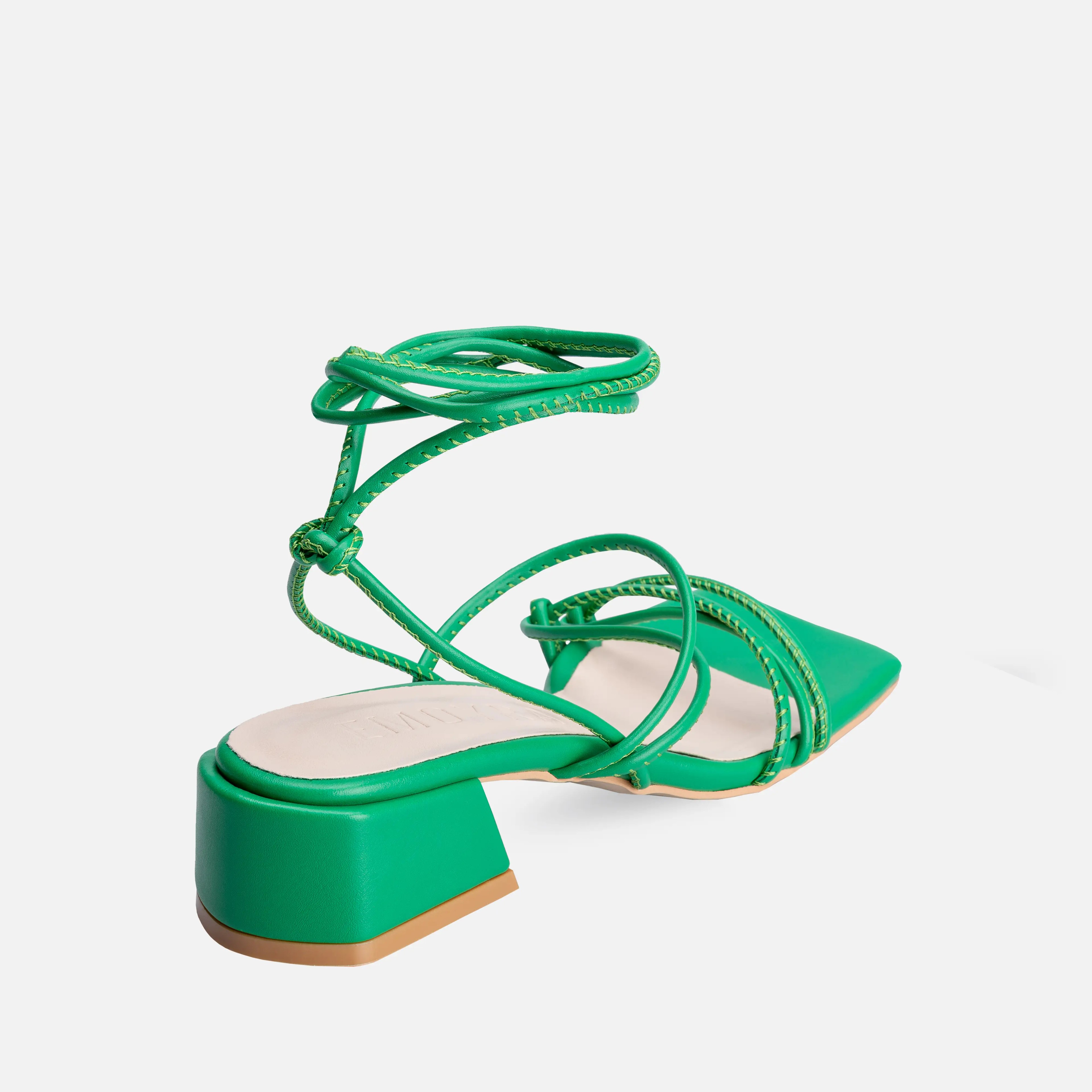 Bağcıklı Kalın Kısa Topuklu Sandalet  - Yeşil