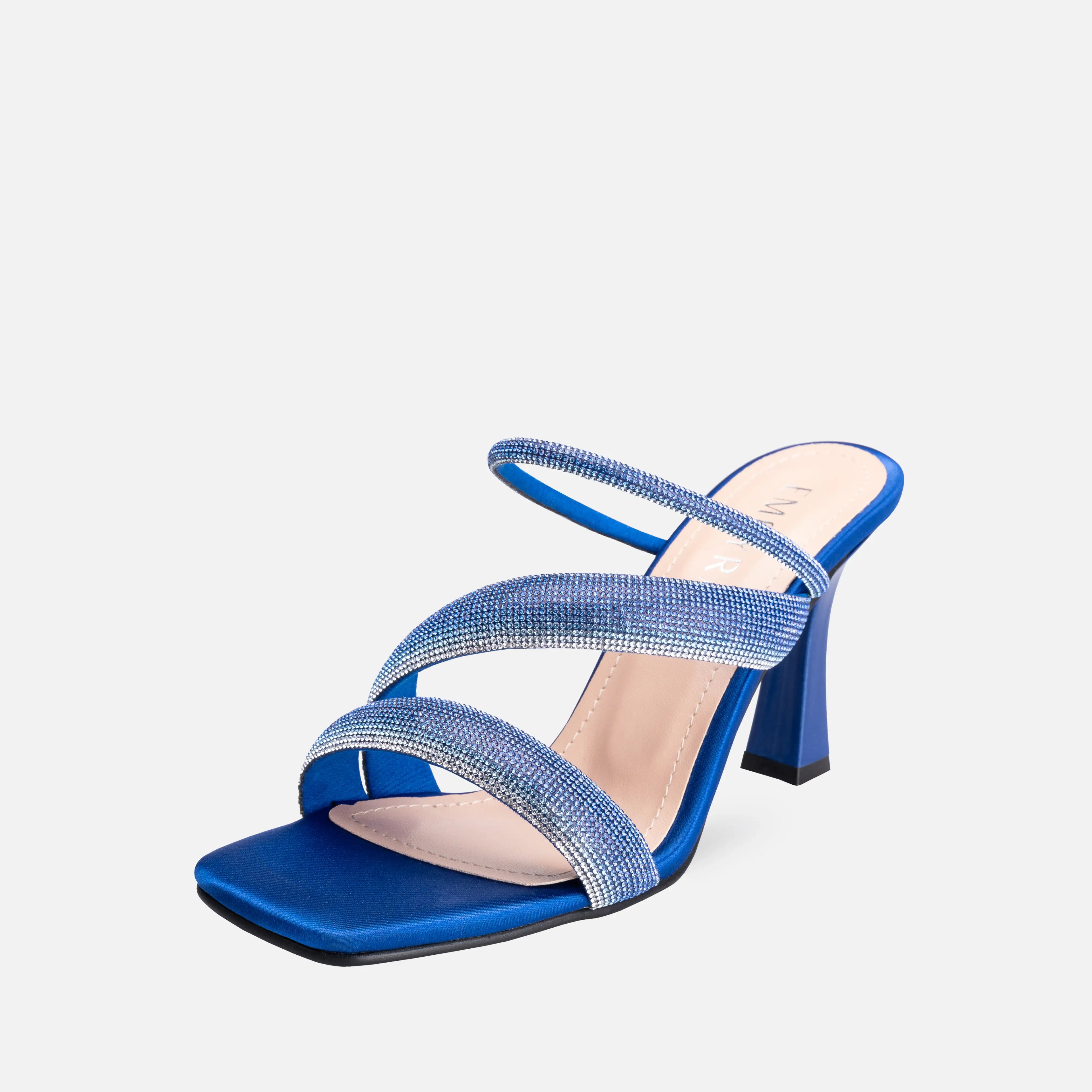 Matte Satin Crystal Embroidered Thin High-Heeled Mules - Blue