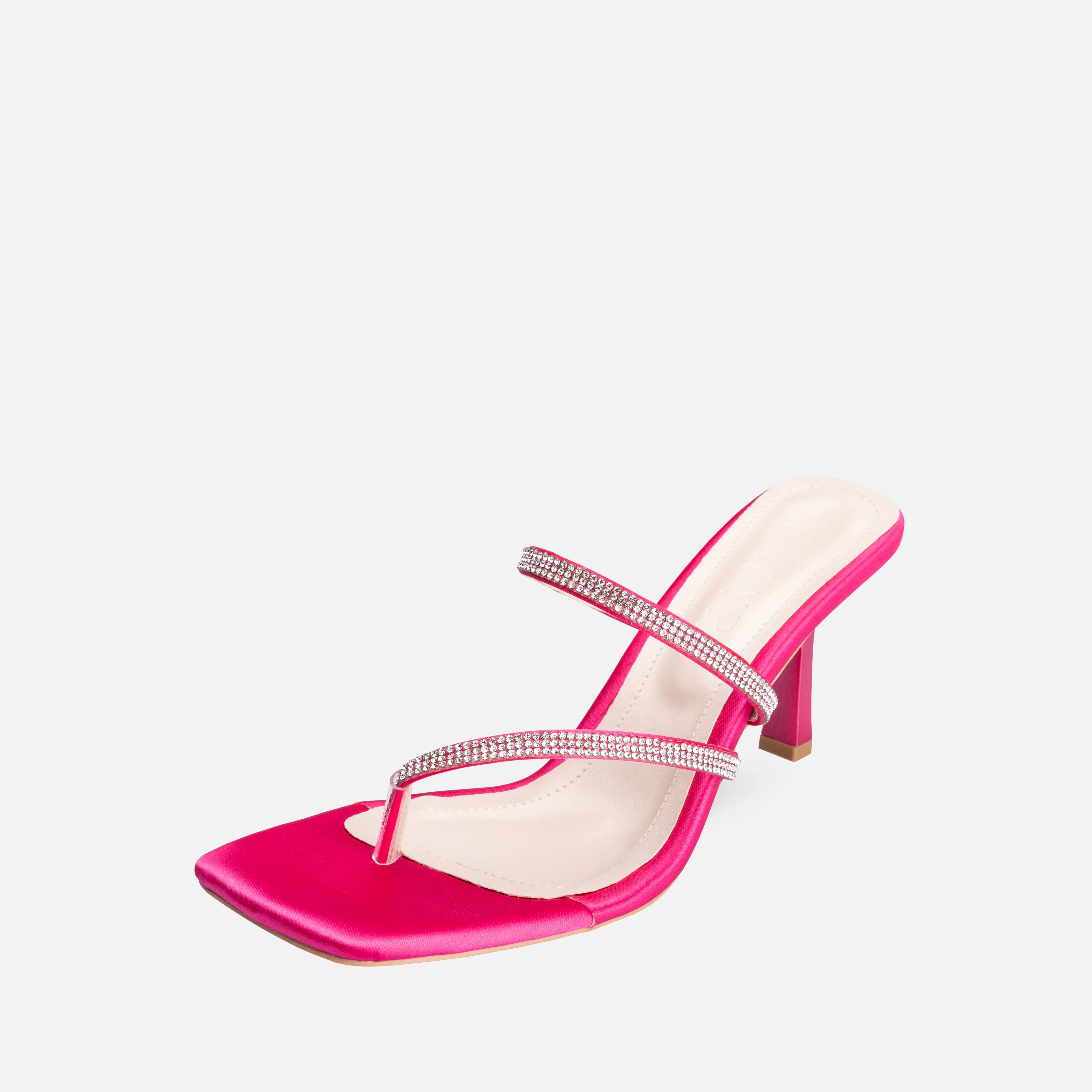 Satin Crystal Embroidered Thin High-Heeled Mules - Fuchsia Color