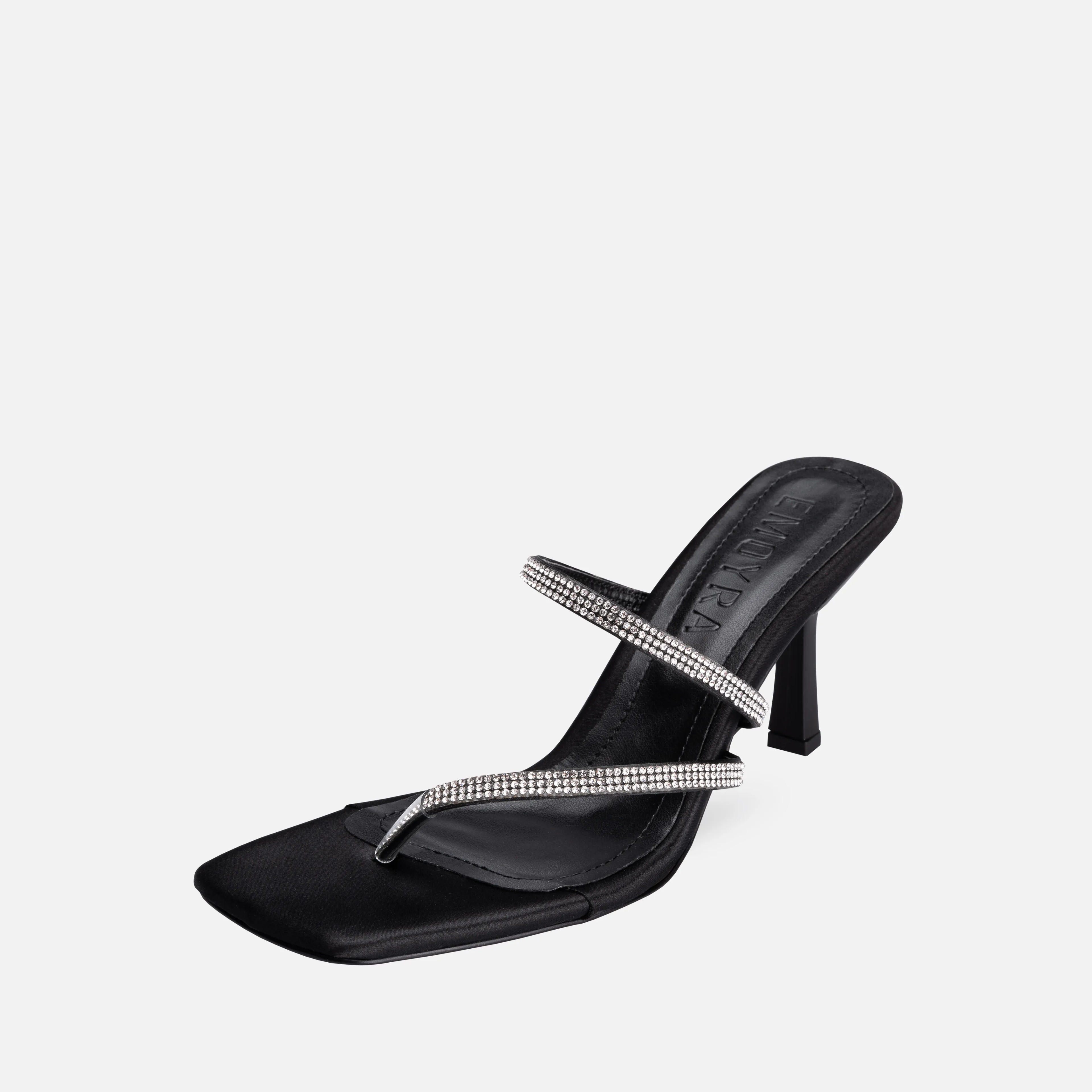 Satin Crystal Embroidered Thin High-Heeled Mules - Black