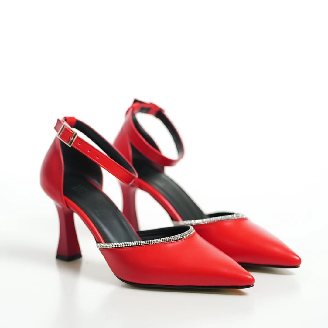 Taşlı İnce Yüksek Topuklu Stiletto - Kırmızı