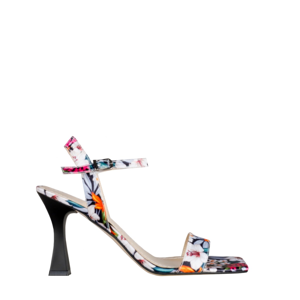 Belen Tekstil Çiçek Desenli İnce Yüksek Topuklu Ayakkabı Siyah
