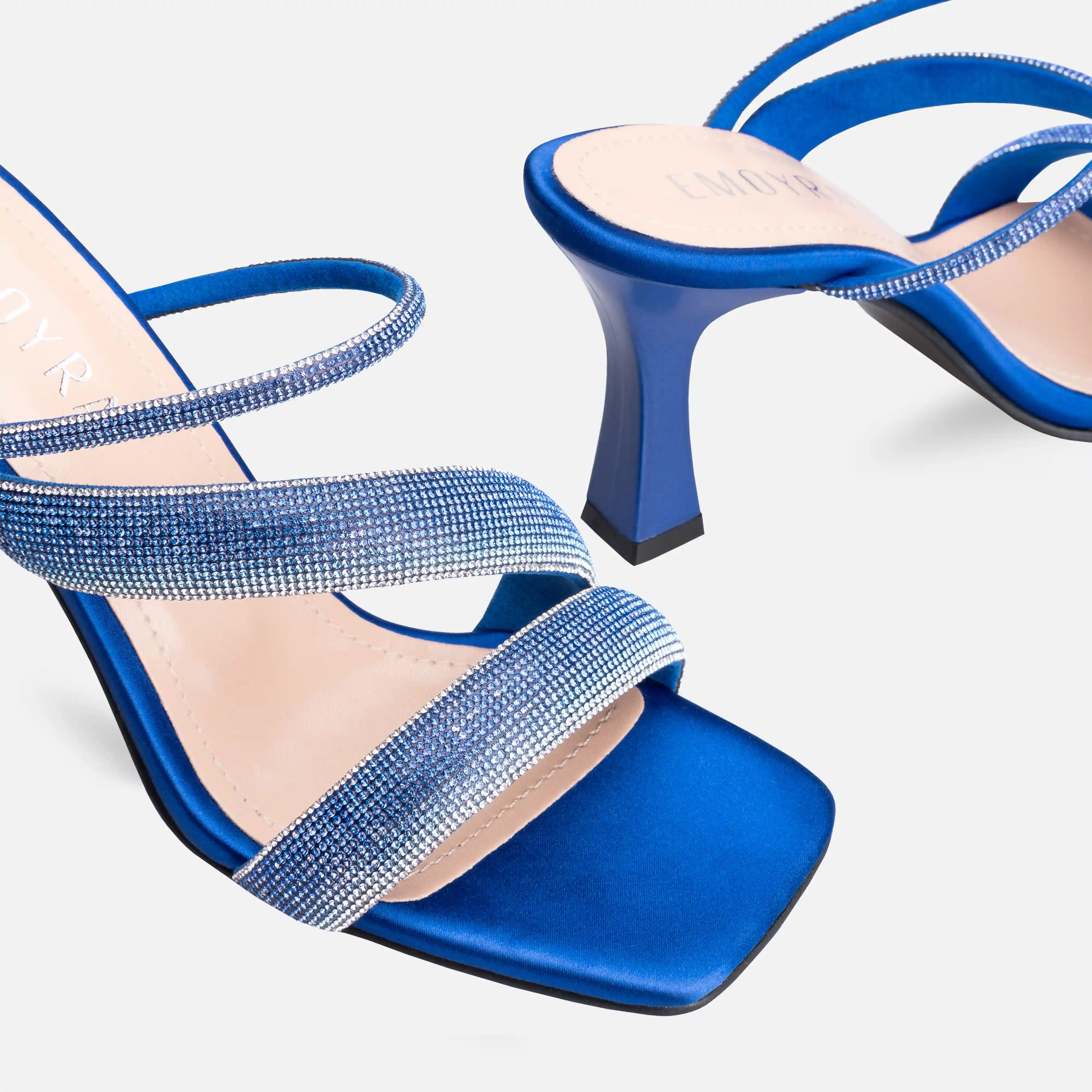 Matte Satin Crystal Embroidered Thin High-Heeled Mules - Blue
