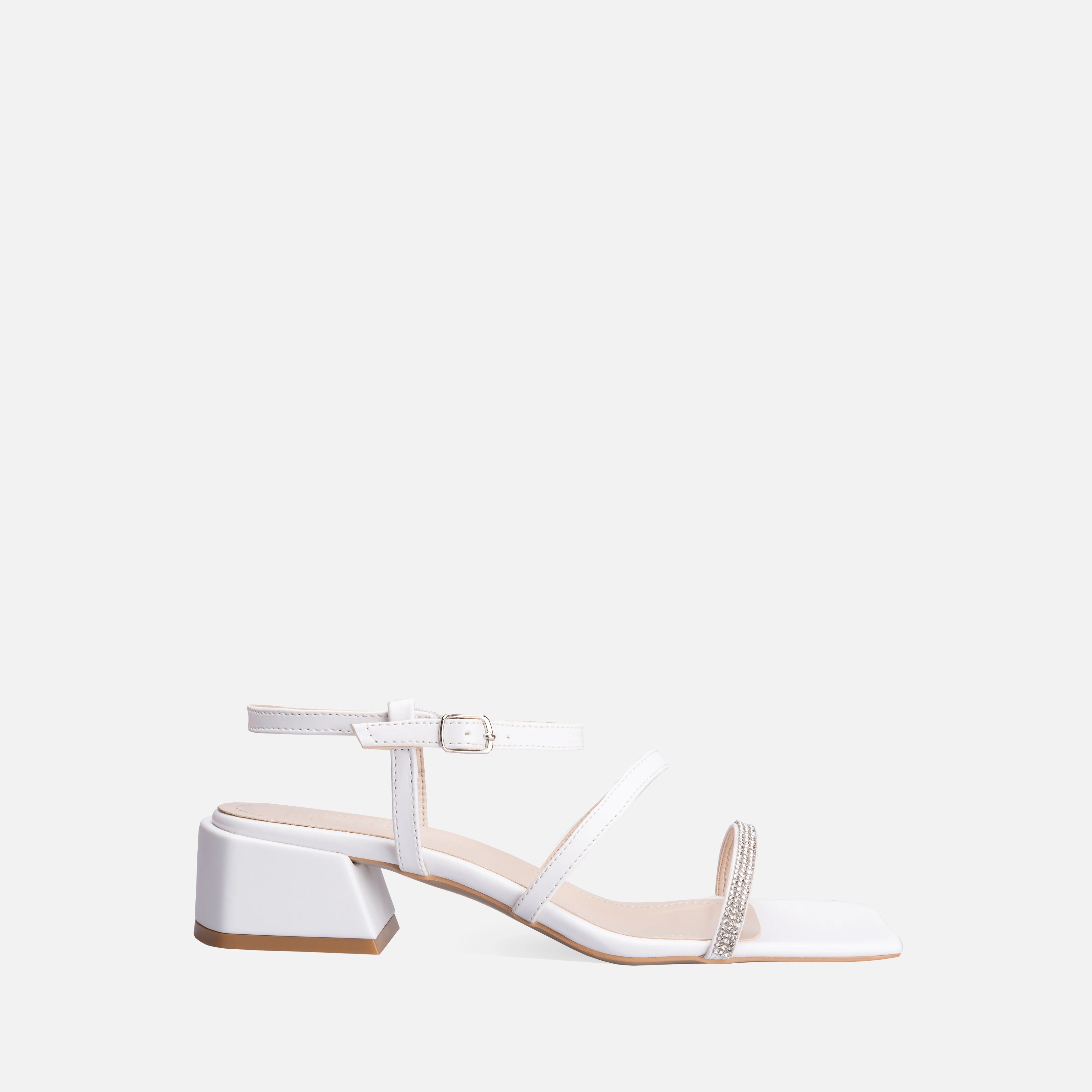 Crystal Embroidered Thick Short Heel Sandals - White