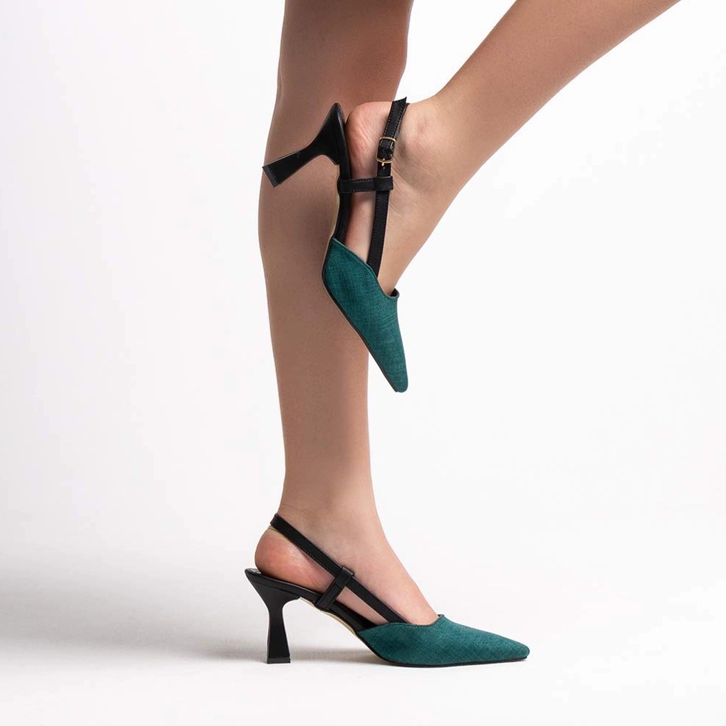 Denim İnce Yüksek Topuklu Stiletto - Yeşil-Siyah