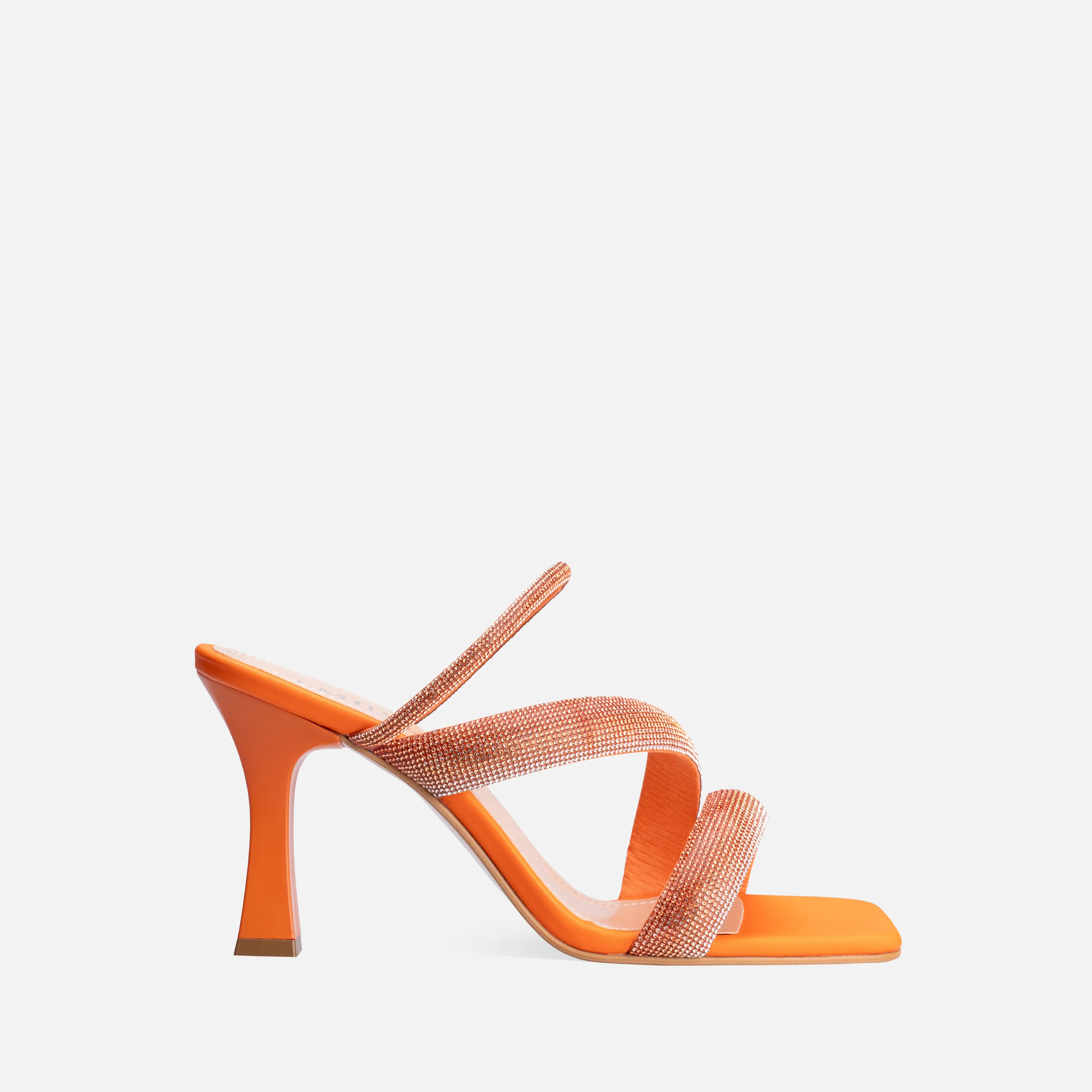 Matte Satin Crystal Embroidered Thin High-Heeled Mules - Orange