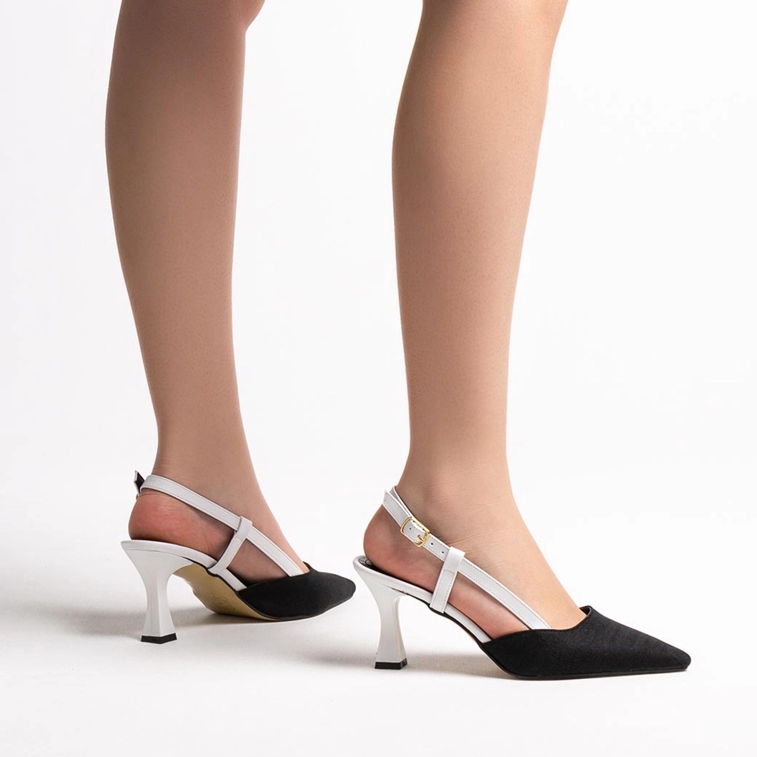 Denim İnce Yüksek Topuklu Stiletto - Siyah-Beyaz