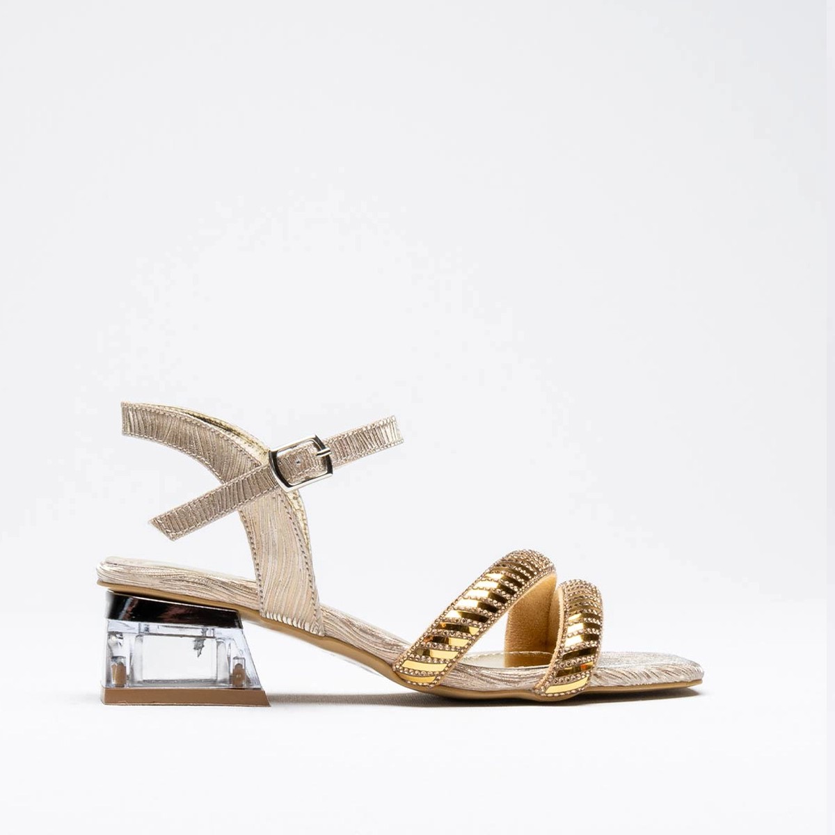 Tekstil Taşlı Kalın Kısa Topuklu Sandalet - Gold