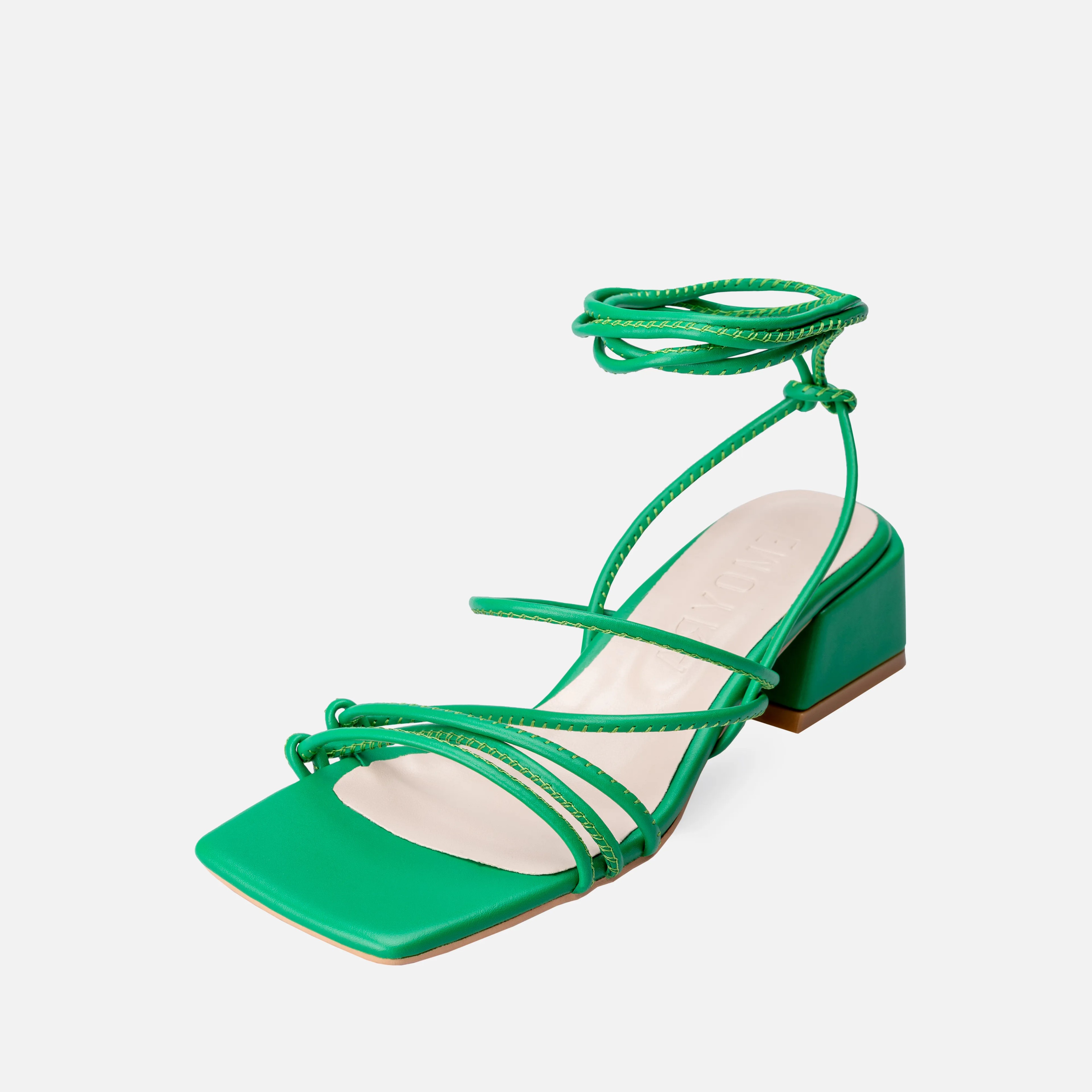 Bağcıklı Kalın Kısa Topuklu Sandalet  - Yeşil