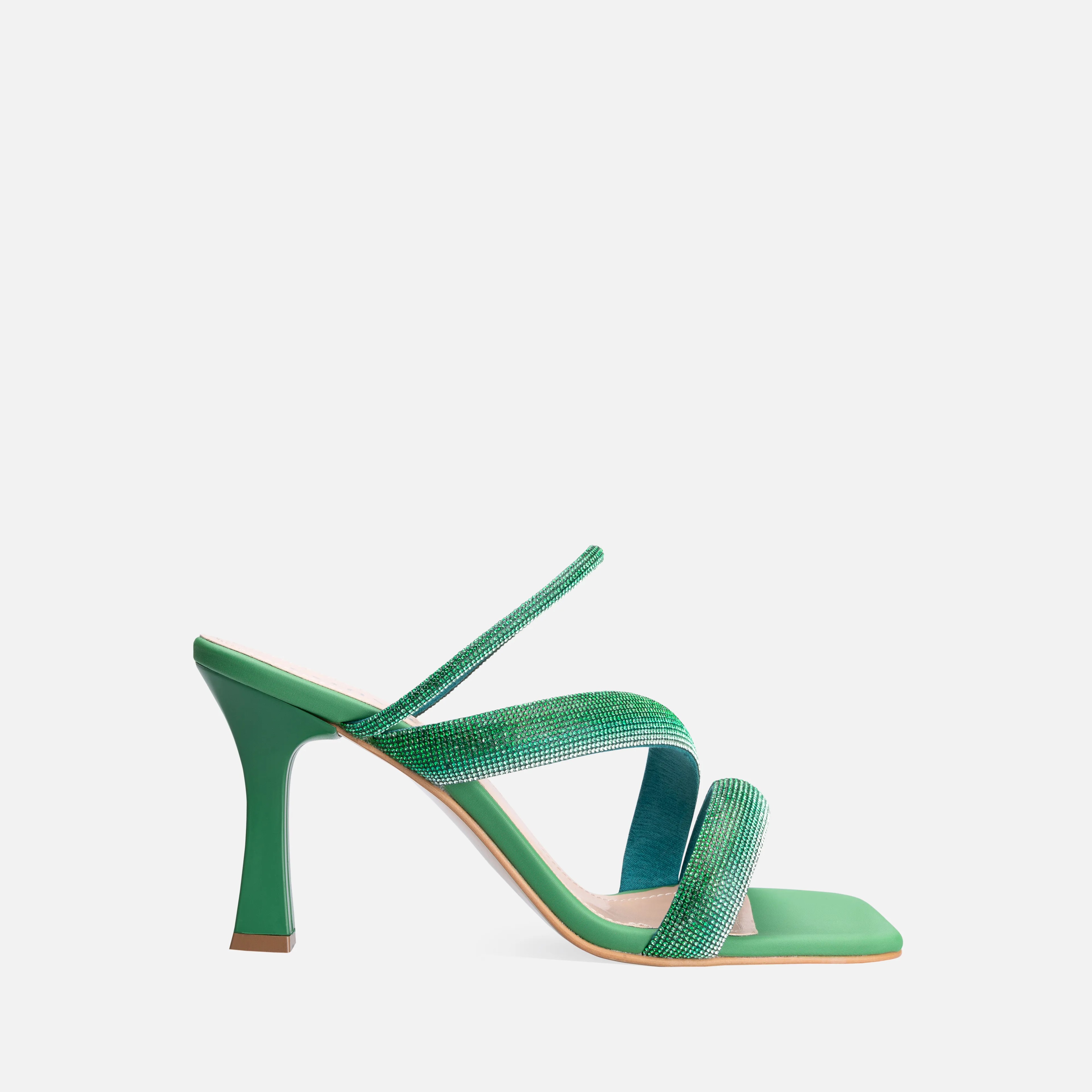 Matte Satin Crystal Embroidered Thin High-Heeled Mules - Green