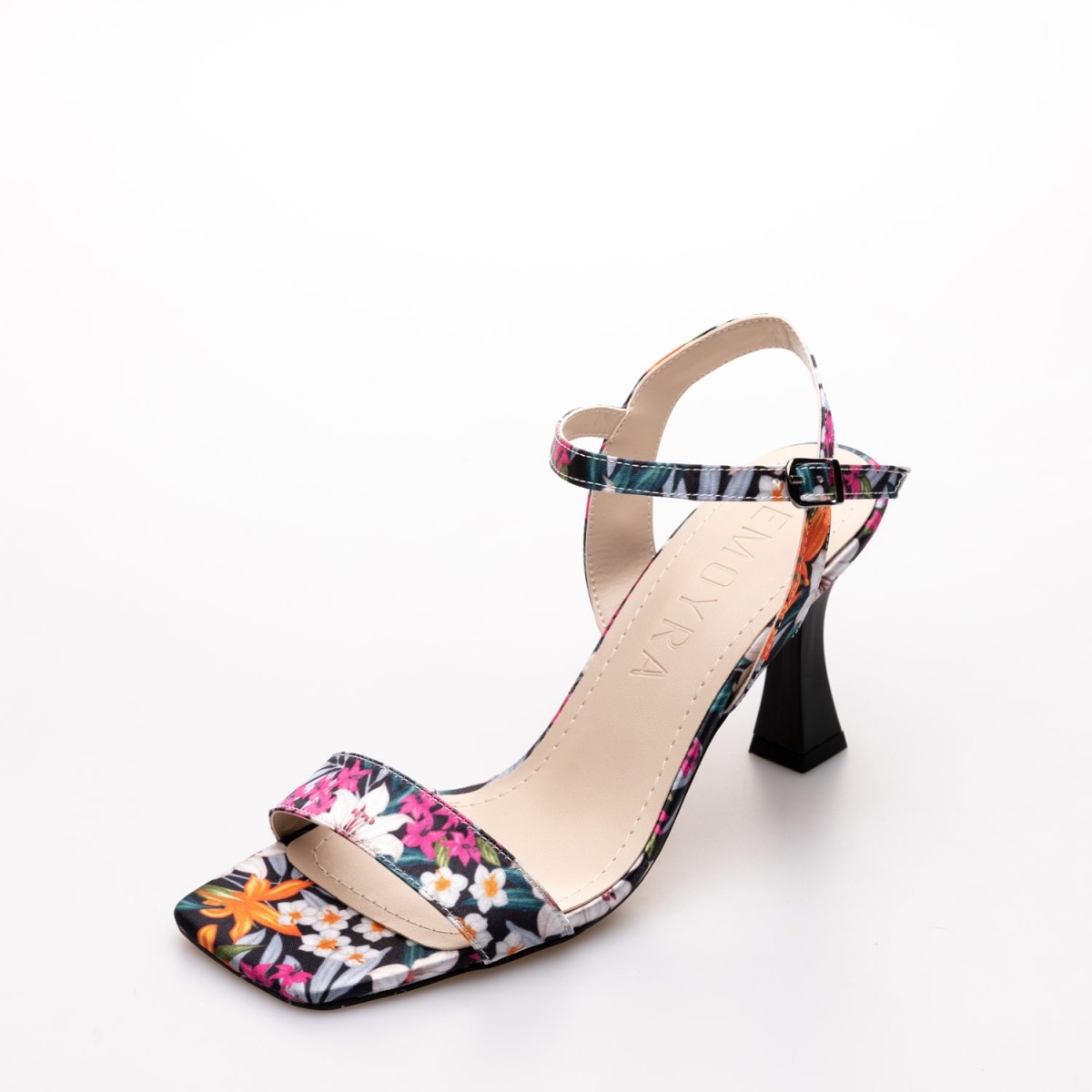 Belen Tekstil Çiçek Desenli İnce Yüksek Topuklu Ayakkabı Siyah