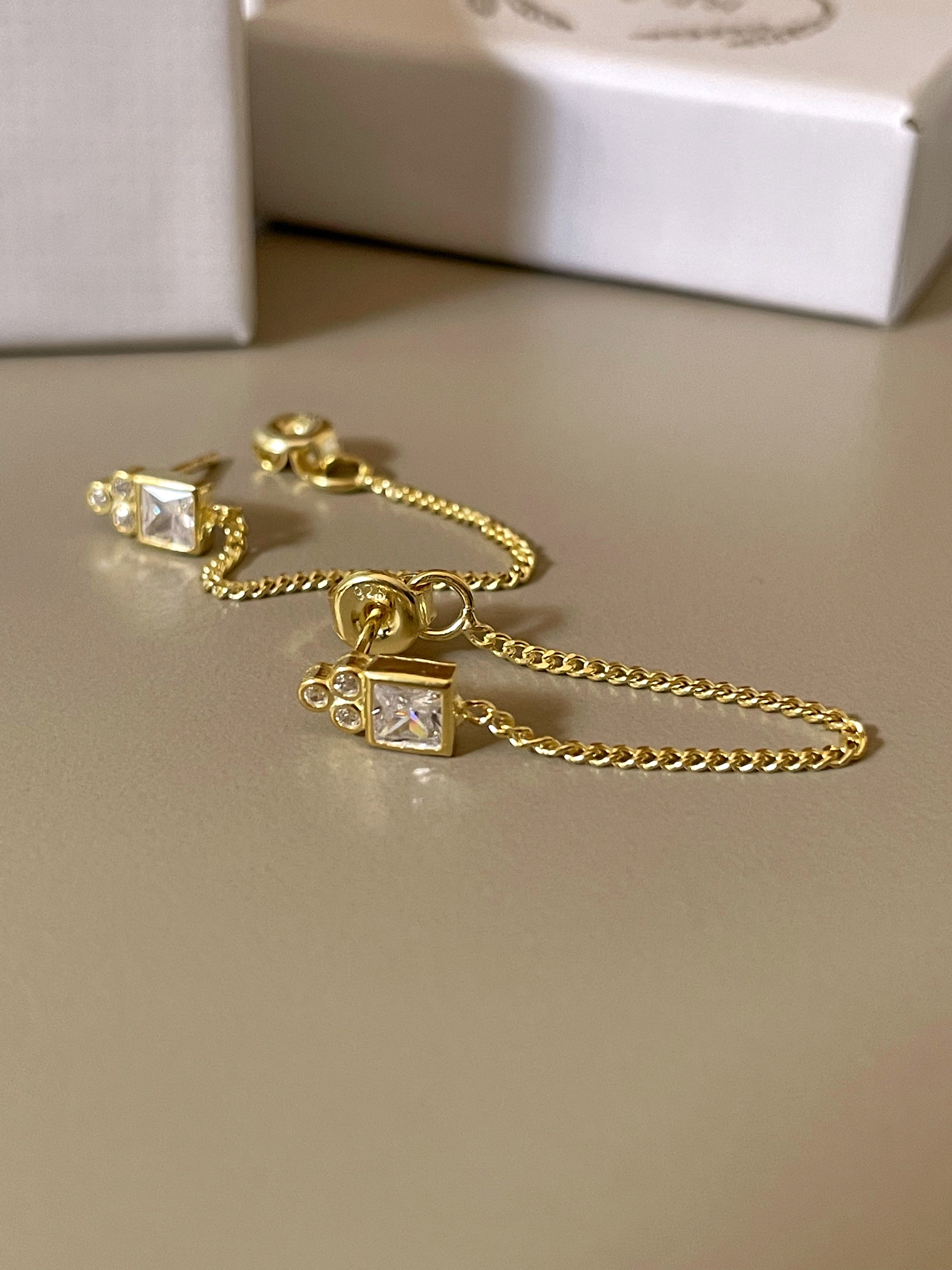 925 Gümüş | Zincir Sallantılı Minimal Taş Küpe