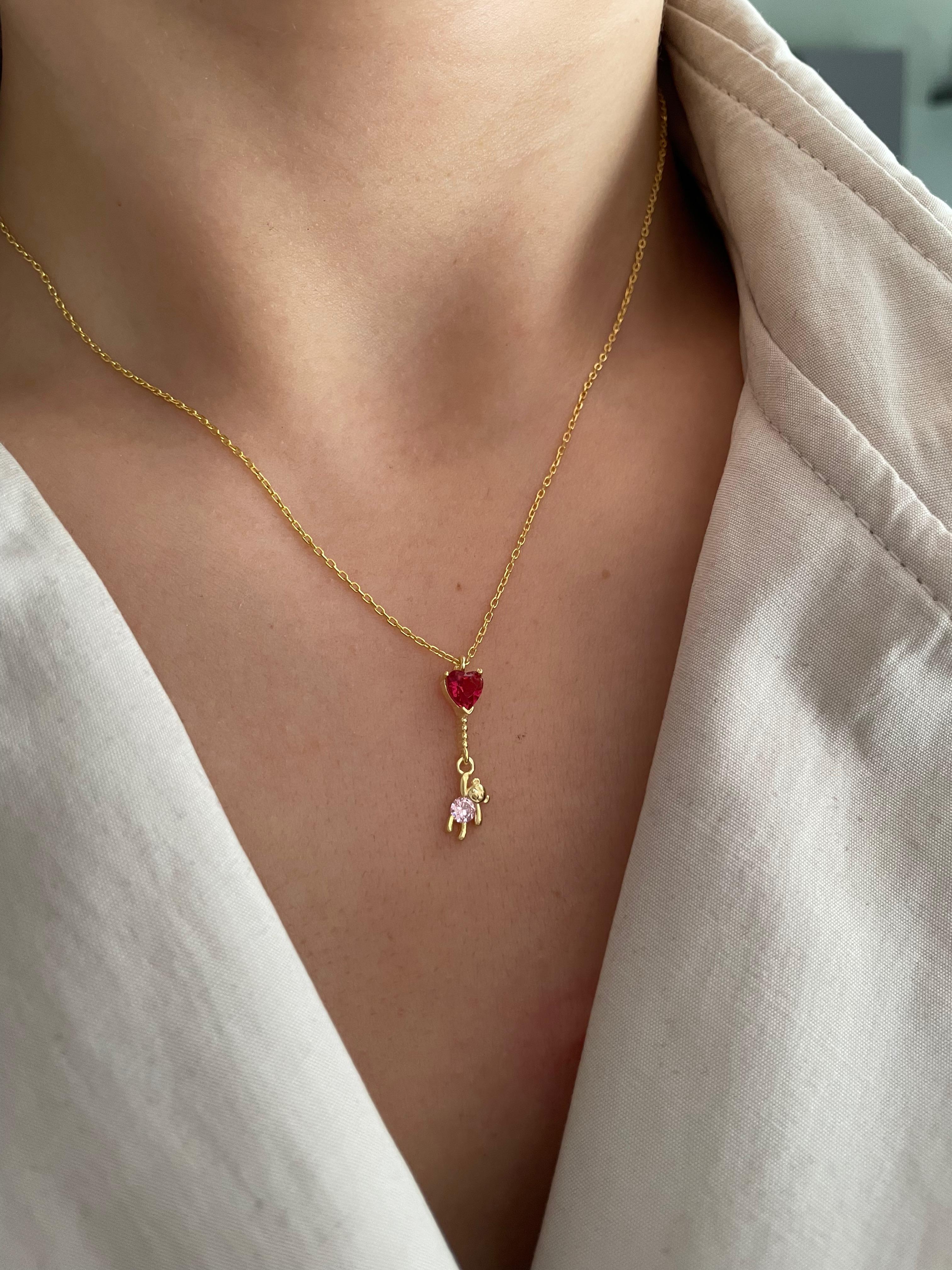 925 Gümüş | Pembe Kırmızı Taşlı Sallanan Tedddy Kolye