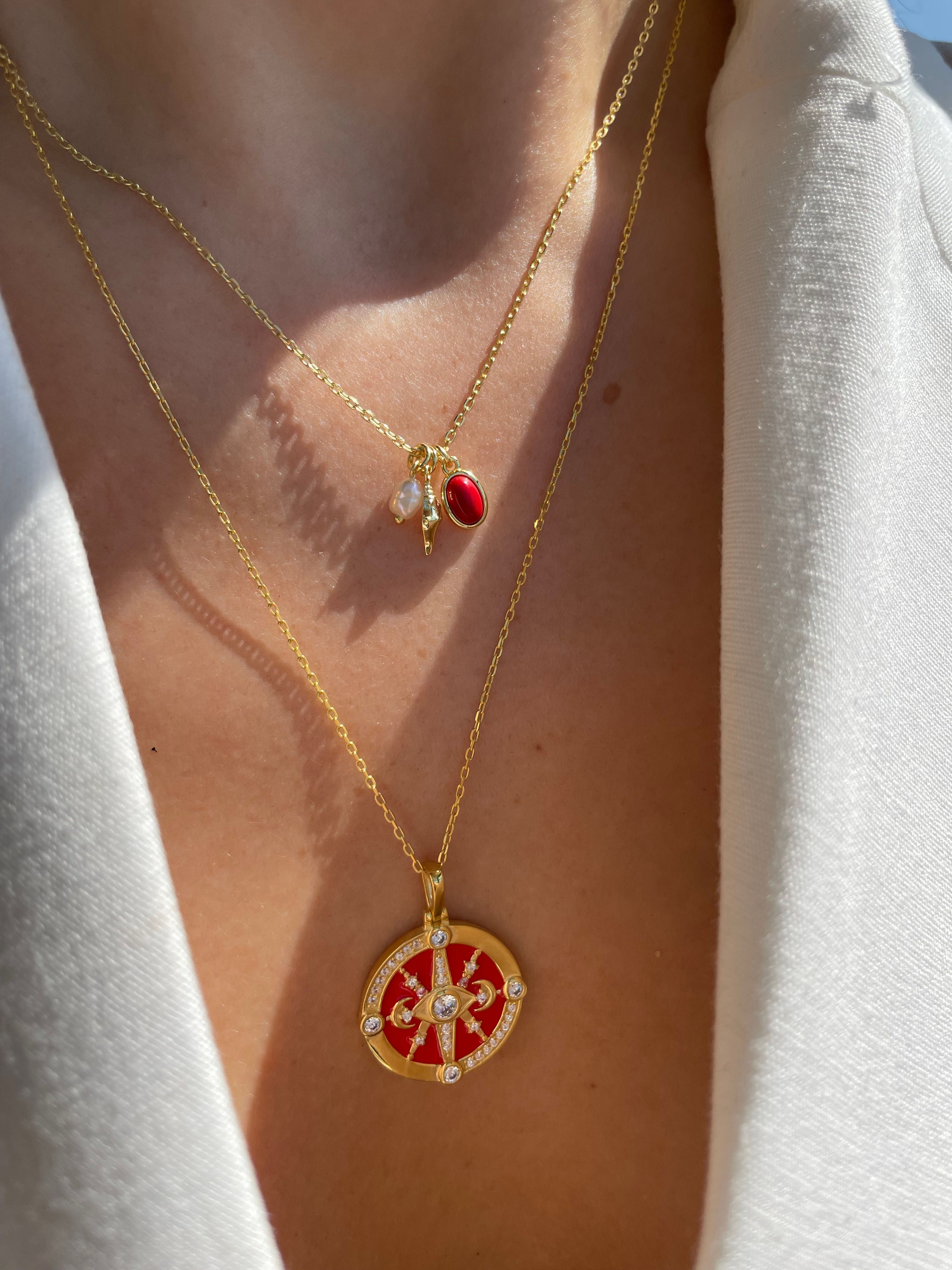 925 Gümüş | İthal Ruby Taşlı İncili Deniz Kabuğu Kolye