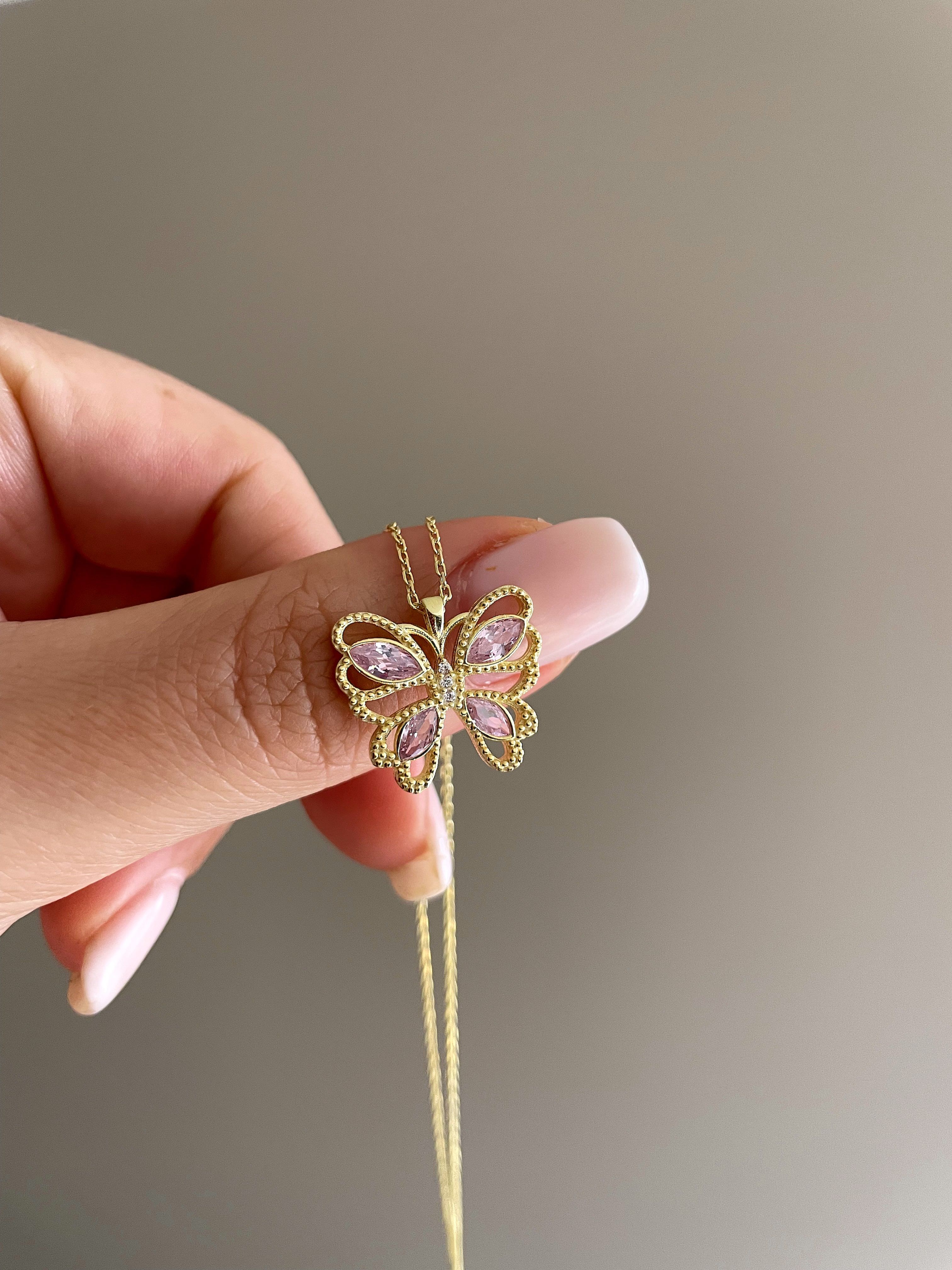 925 Gümüş | Pembe Taşlı Tasarım Kelebek Kolye