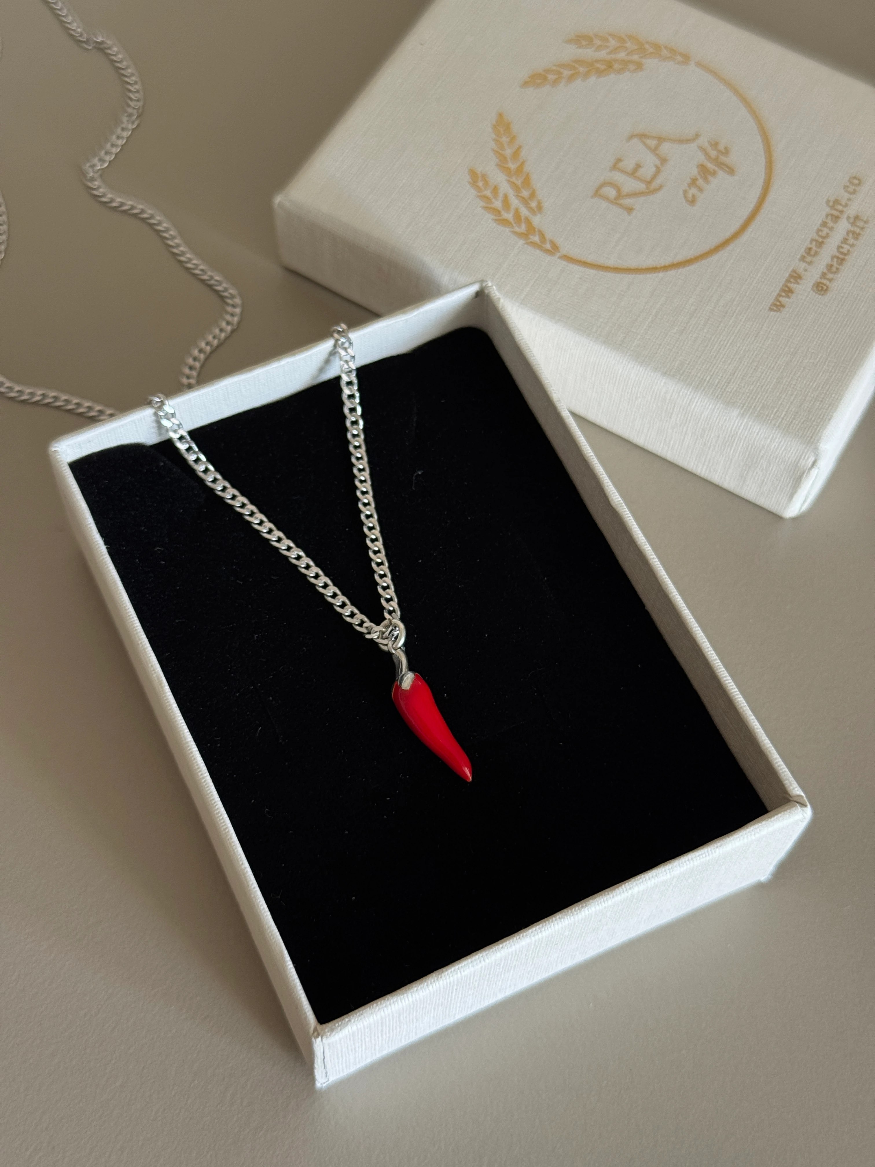 925 Gümüş | Erkek Kırmızı Biber Kolye / Şans, Bereket Kolyesi