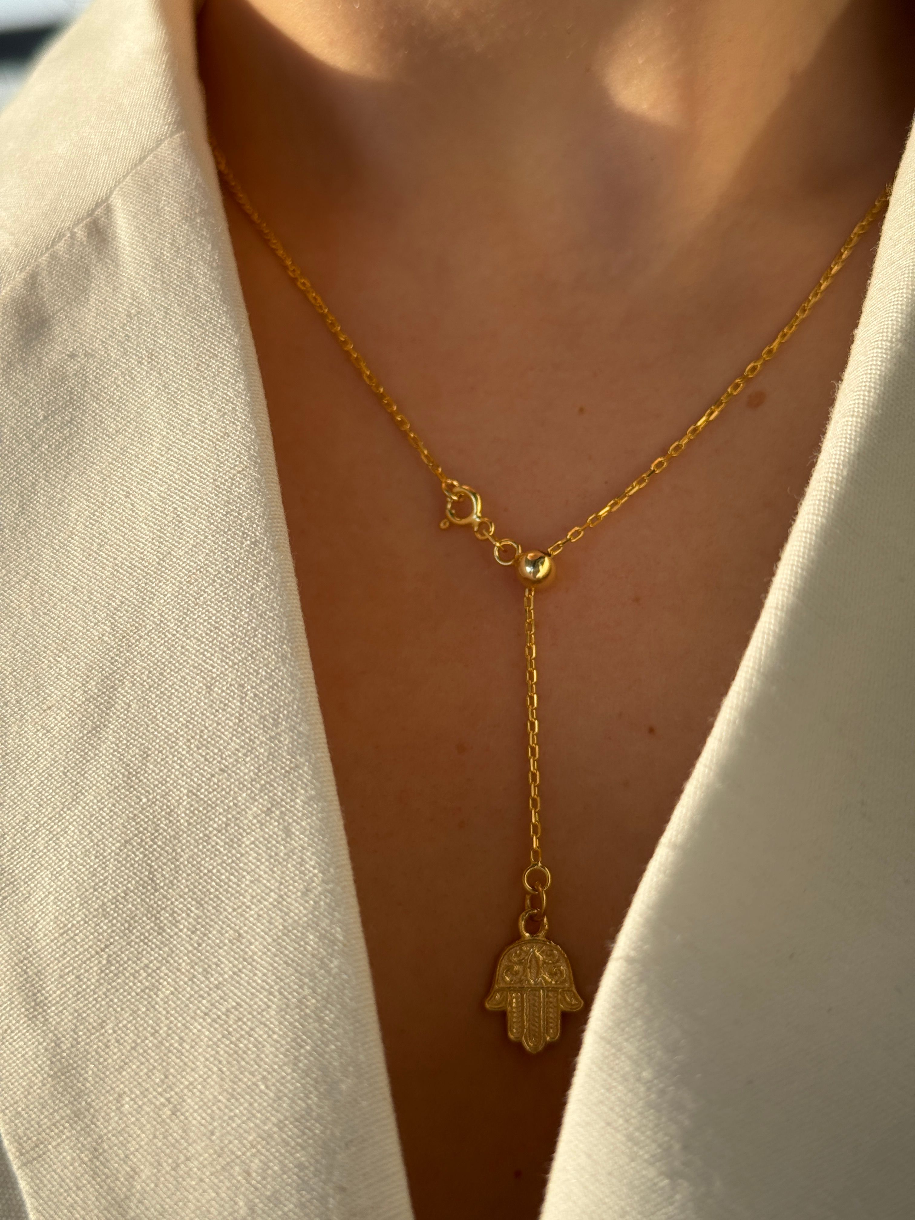 925 Gümüş | Hamsa Figürlü Ayarlanabilir Asansör Zincir Kolye