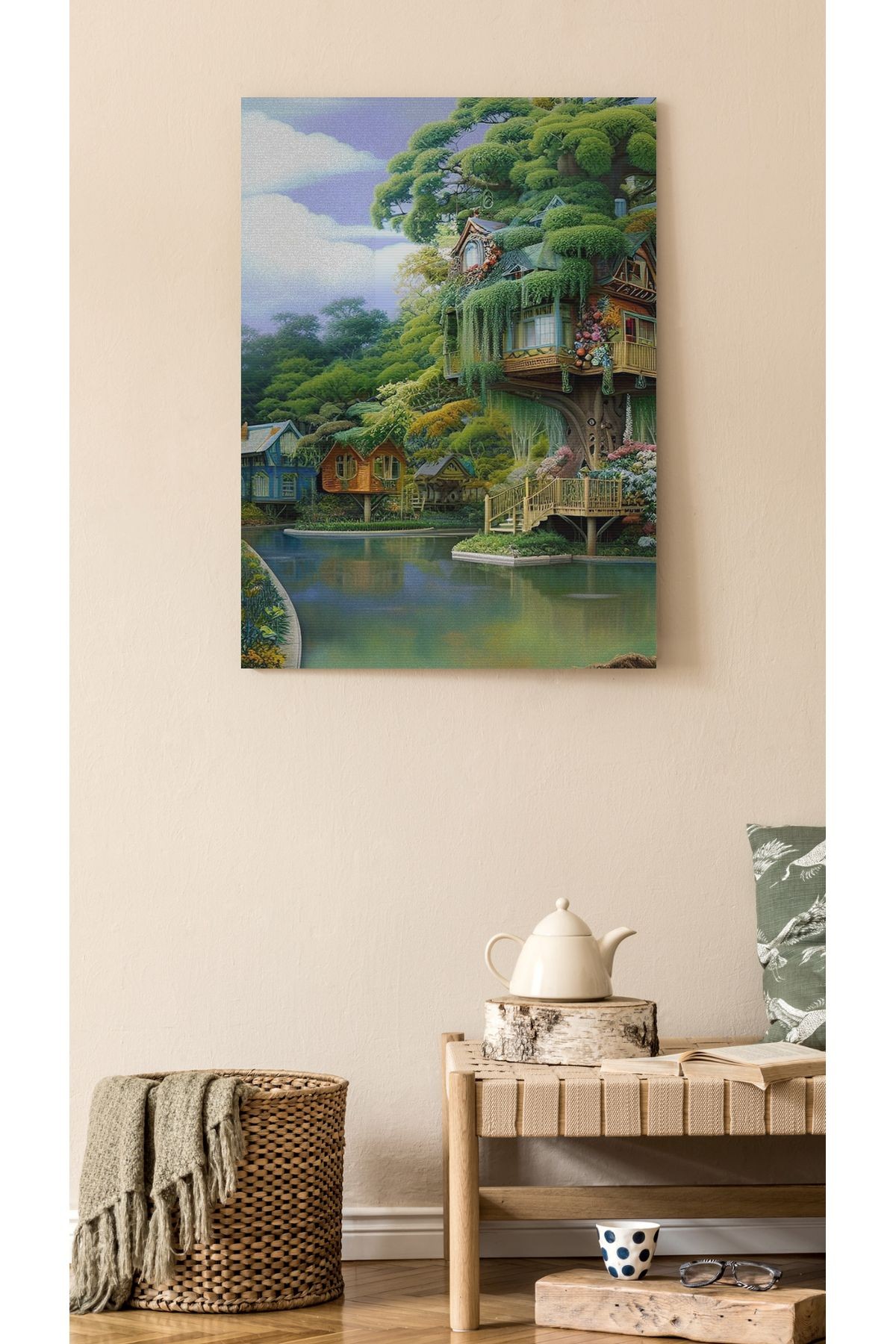Kanvas Tablo Yalı Temalı ve Yosun Desenli Modern Tablo