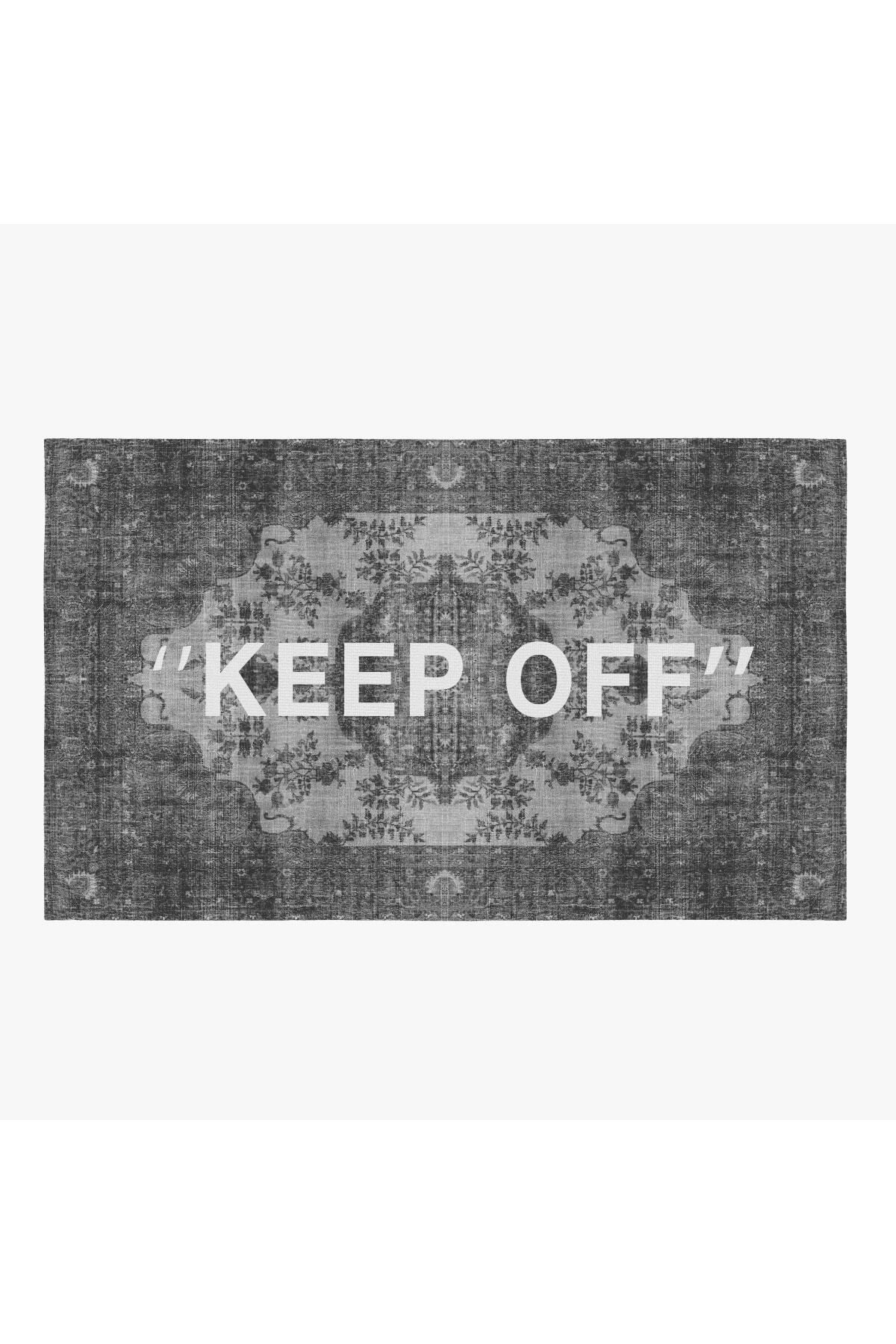 Mira Keep Off Yazılı Vintage Siyah Gri 2120 Dokuma Taban Halı