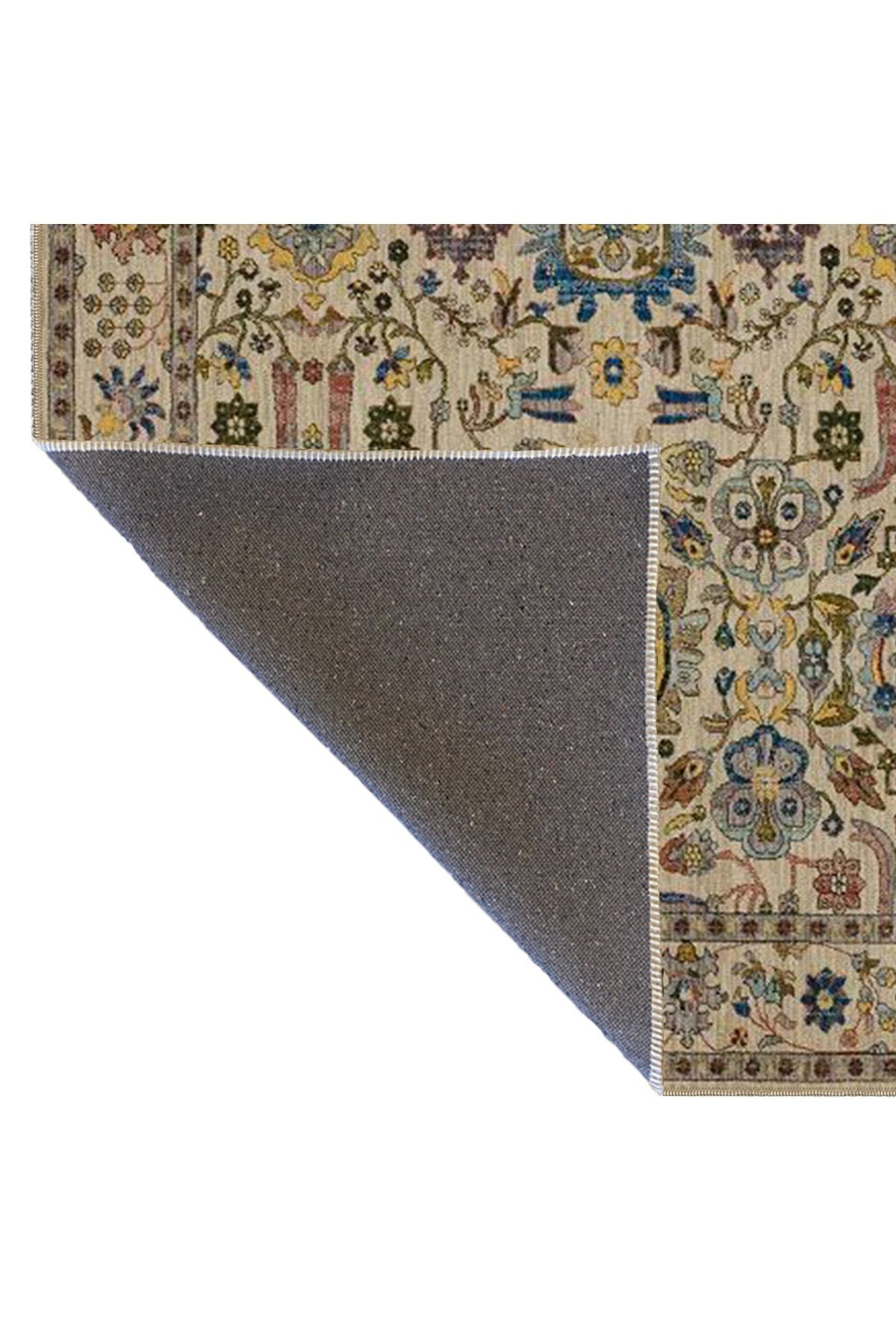 Bej Temalı Çok Renkli Motifli Etnik Çiçek Desenli Vintage Dekoratif Halı 4502