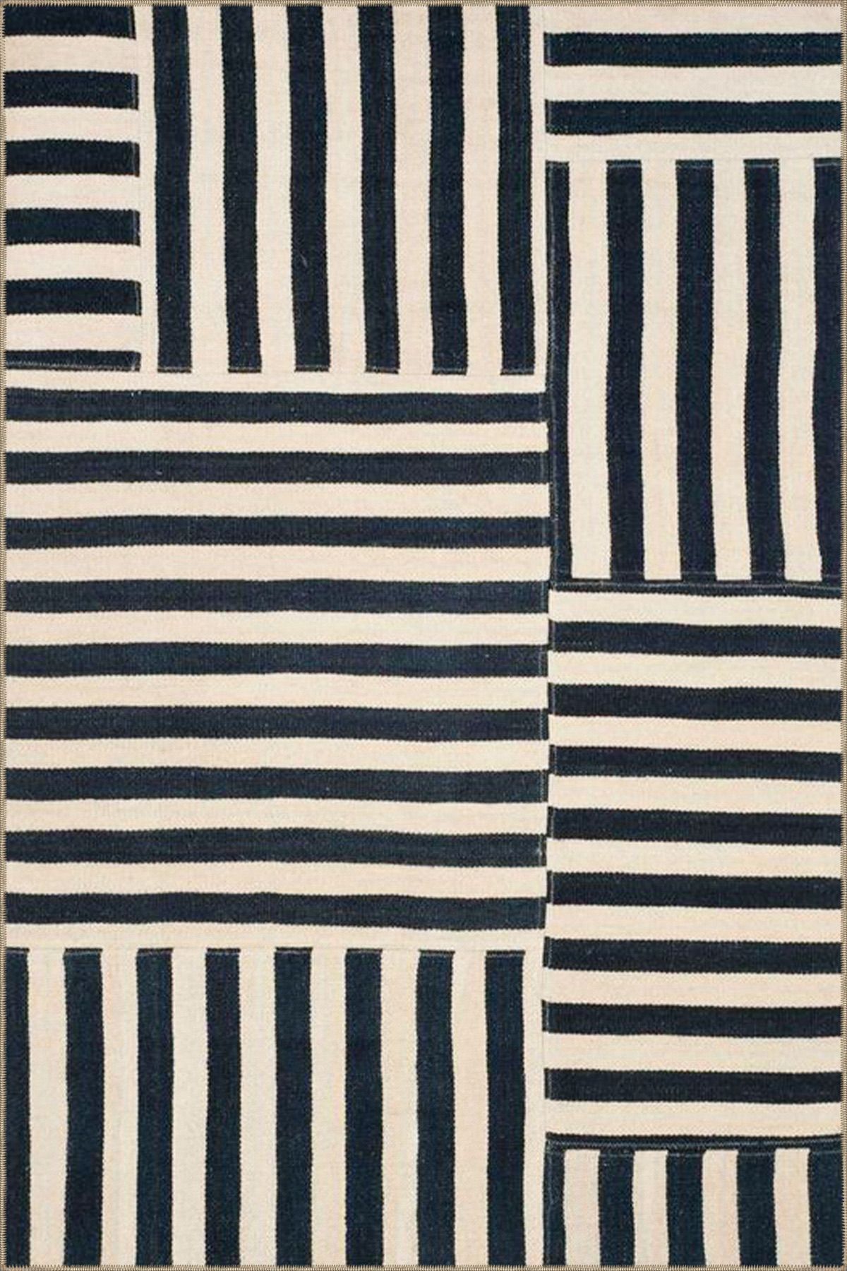 Siyah Krem Lineer Çizgili Dekoratif Yıkanabilir Halı miravip9023