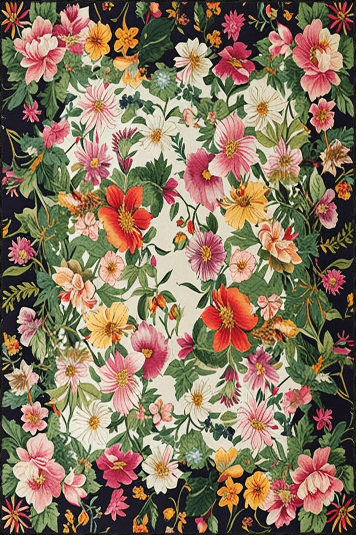 Paris Koleksiyonu Yeşil Tema Renkli Çiçekler ve Gül Desenli Kreatif Modern Dekoratif Halı 106