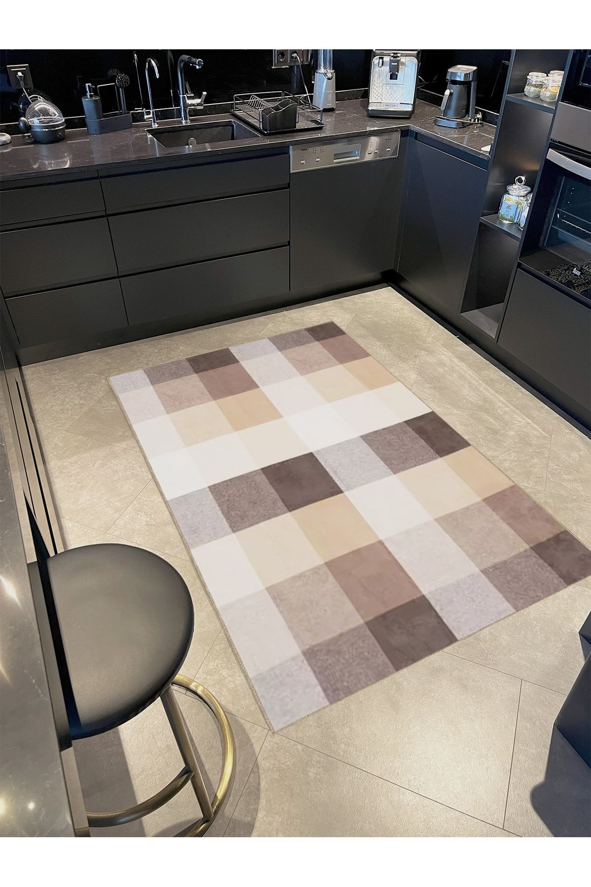 Ametist Serisi Bej Tonlu Piksel Patchwork Desenli Dokuma Taban Modern Dekoratif Halı ametist33