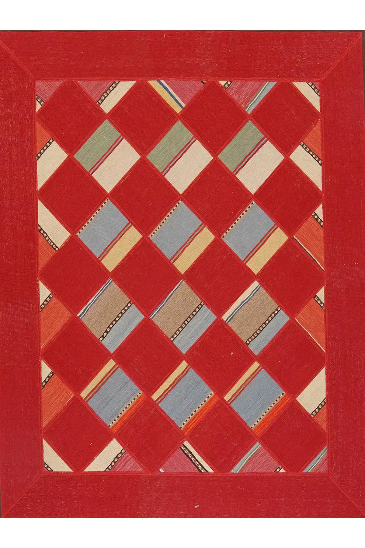 Güney Koleksiyonu Kırmızı Temalı Geometrik Dörtgen Desenli Modern Dekoratif Halı 28