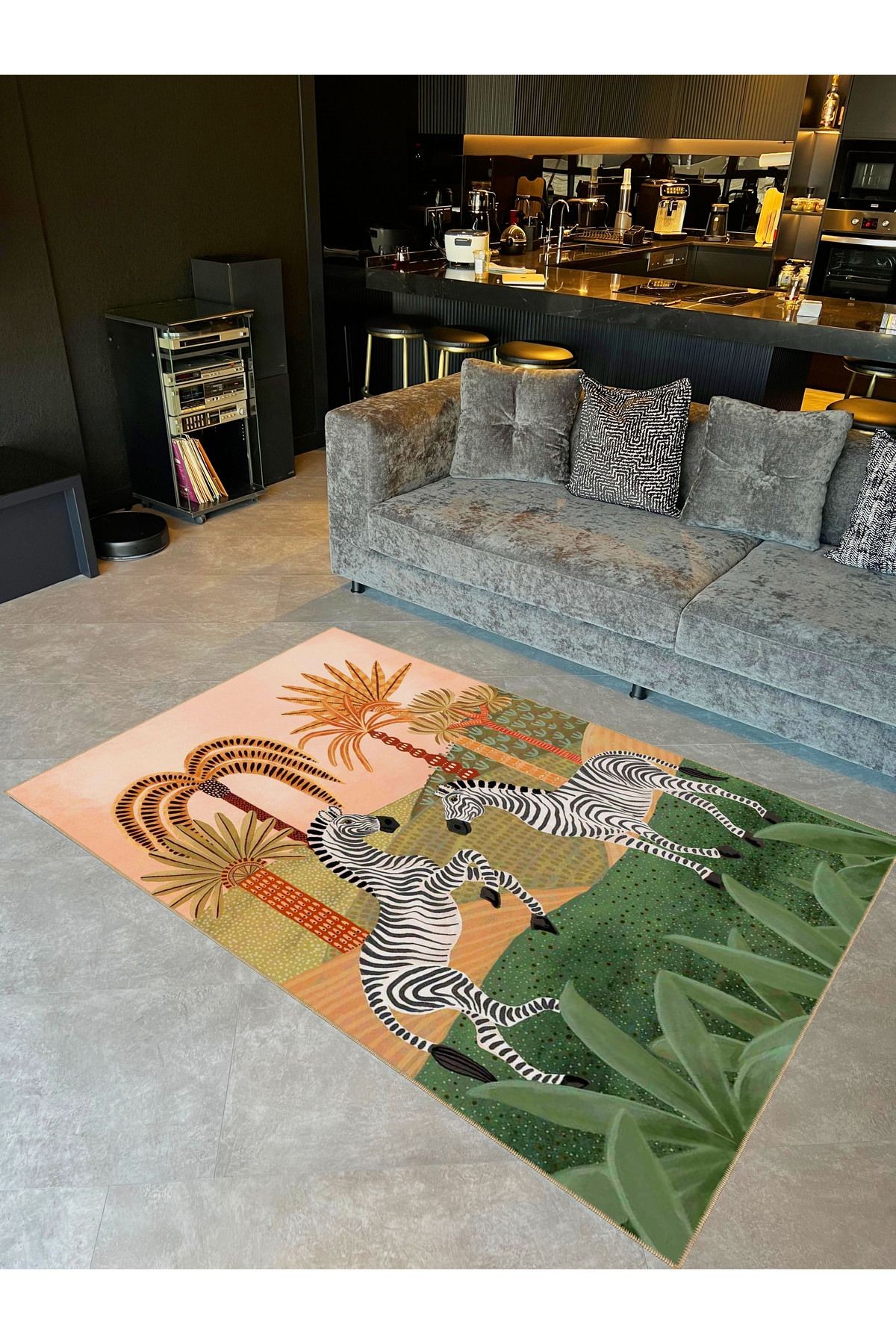 Emre Koleksiyonu Tropikal Tema Palmiye Ağaçları ve Zebra Desen Dokuma Taban Modern Dekoratif Halı 32