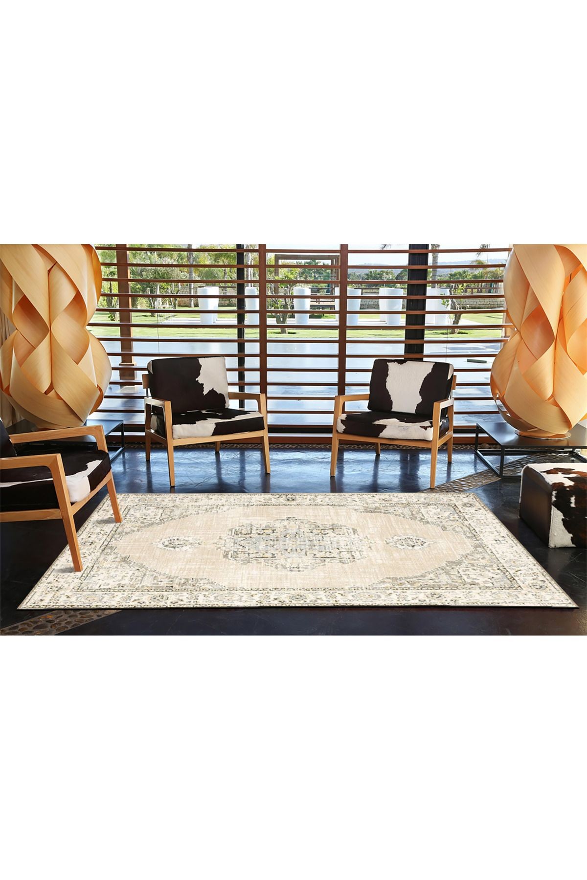 Bej Temalı Geleneksel Motif Desenli Vintage Dekoratif Halı 4601