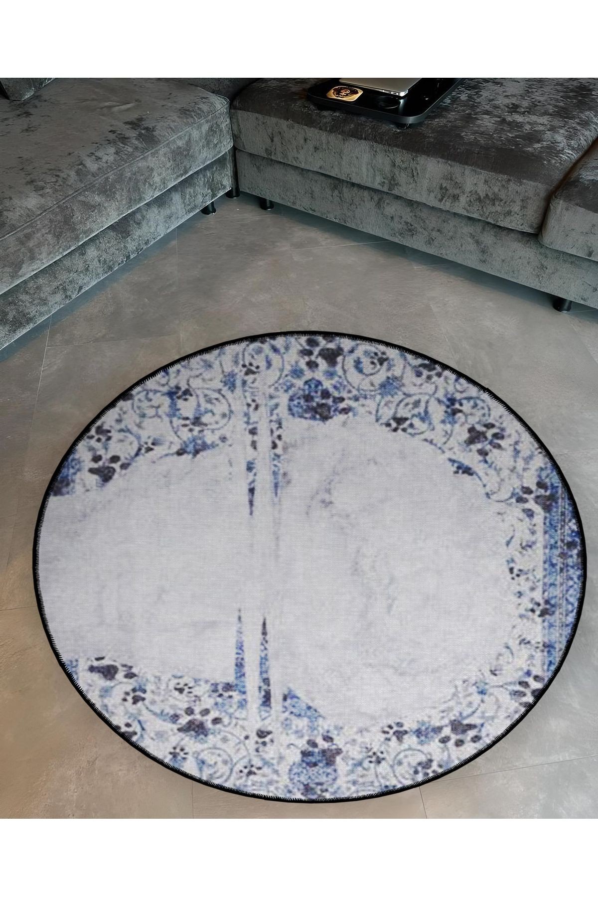 Beyaz Mavi Tema Soyut Motif Desenli Yuvarlak Dokuma Taban Vintage Dekoratif Halı 6127