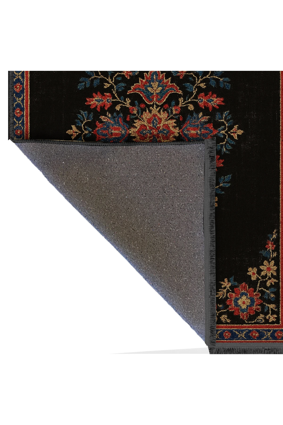 MOSSO Siyah Temalı Etnik Motifler ve Çiçekler Desenli Dokuma Taban Vintage Dekoratif Halı mosso317