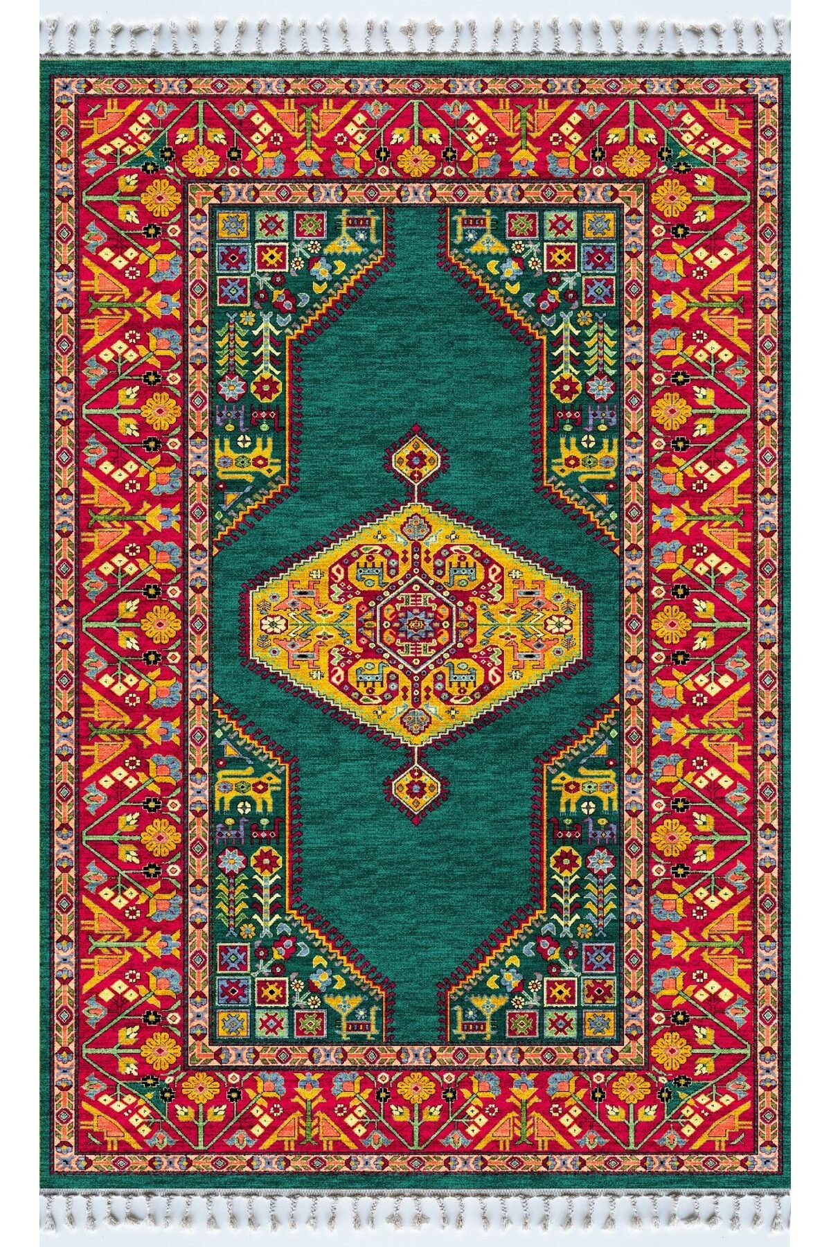 Opal Yeşil Turuncu Antik Desenli Dokuma Taban Modern Dekoratif Halı opal11