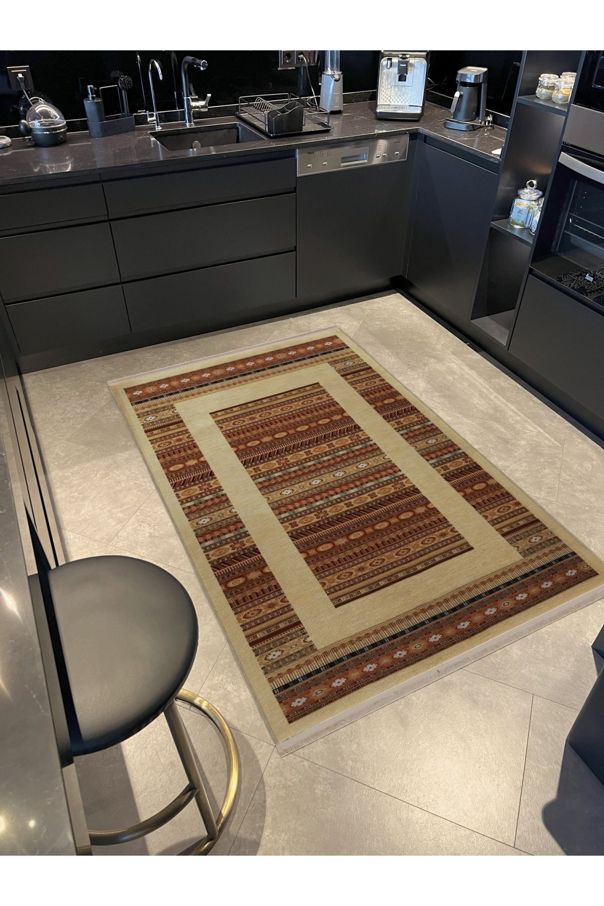 Bej Temalı Çok Renkli Şerit Bölme Karma Şekil Desenli Kreatif Modern Dekoratif Halı 2428