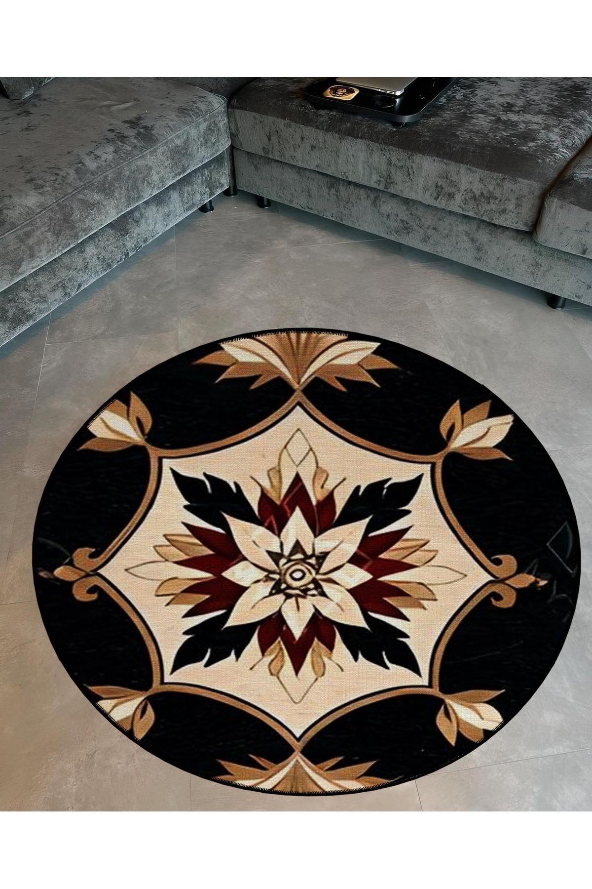 Kahve Bej Tema Çiçek Desenli Yuvarlak Dokuma Taban Vintage Dekoratif Halı 6075