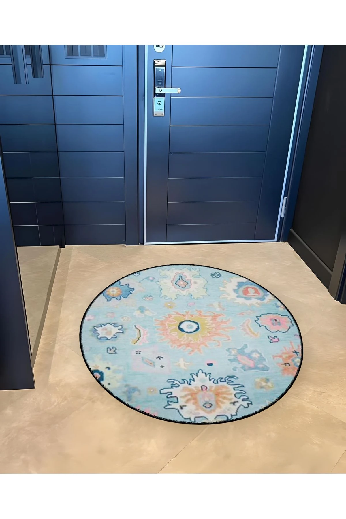 Mavi Tema Etnik Motif Desenli Yuvarlak Dokuma Taban Vintage Dekoratif Halı 6123