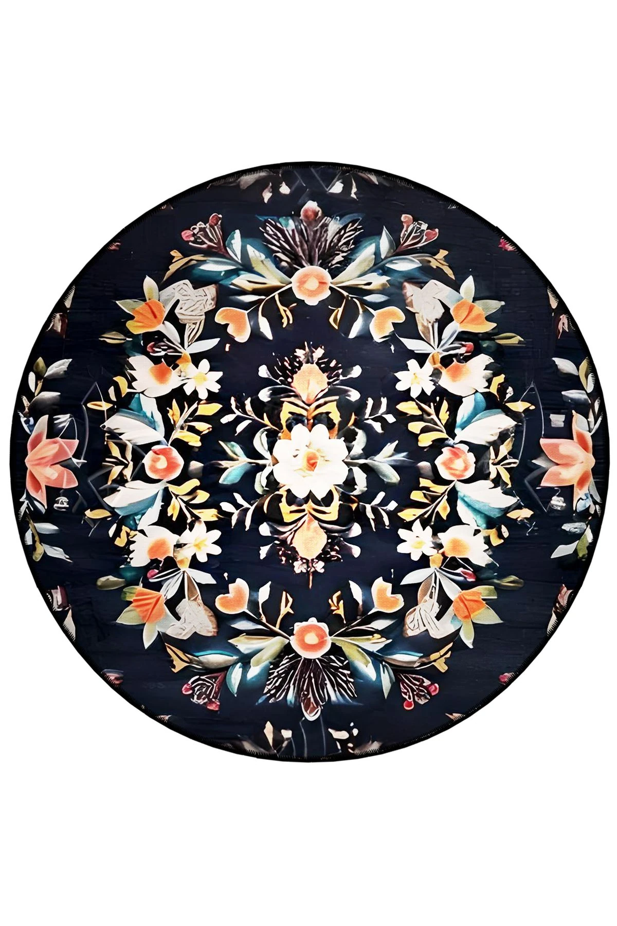 Mira Yuvarlak Siyah Zemin Üzerine Çok Renkli Çiçek Detaylı Dokuma Taban Modern Dekoratif Halı 5709