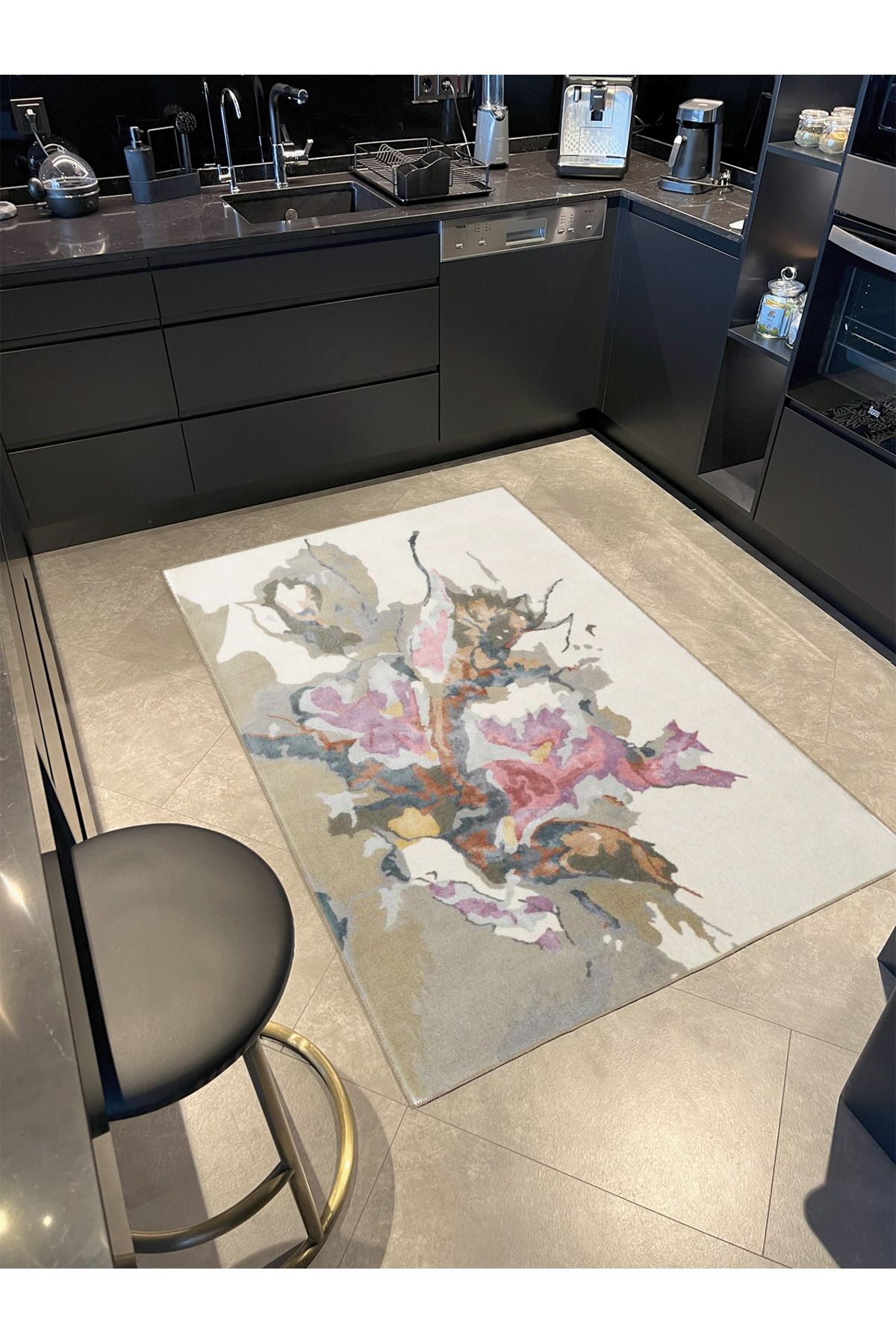 Gri Bej Temalı Soyut Abstract Desenli Modern Dekoratif Halı 3955