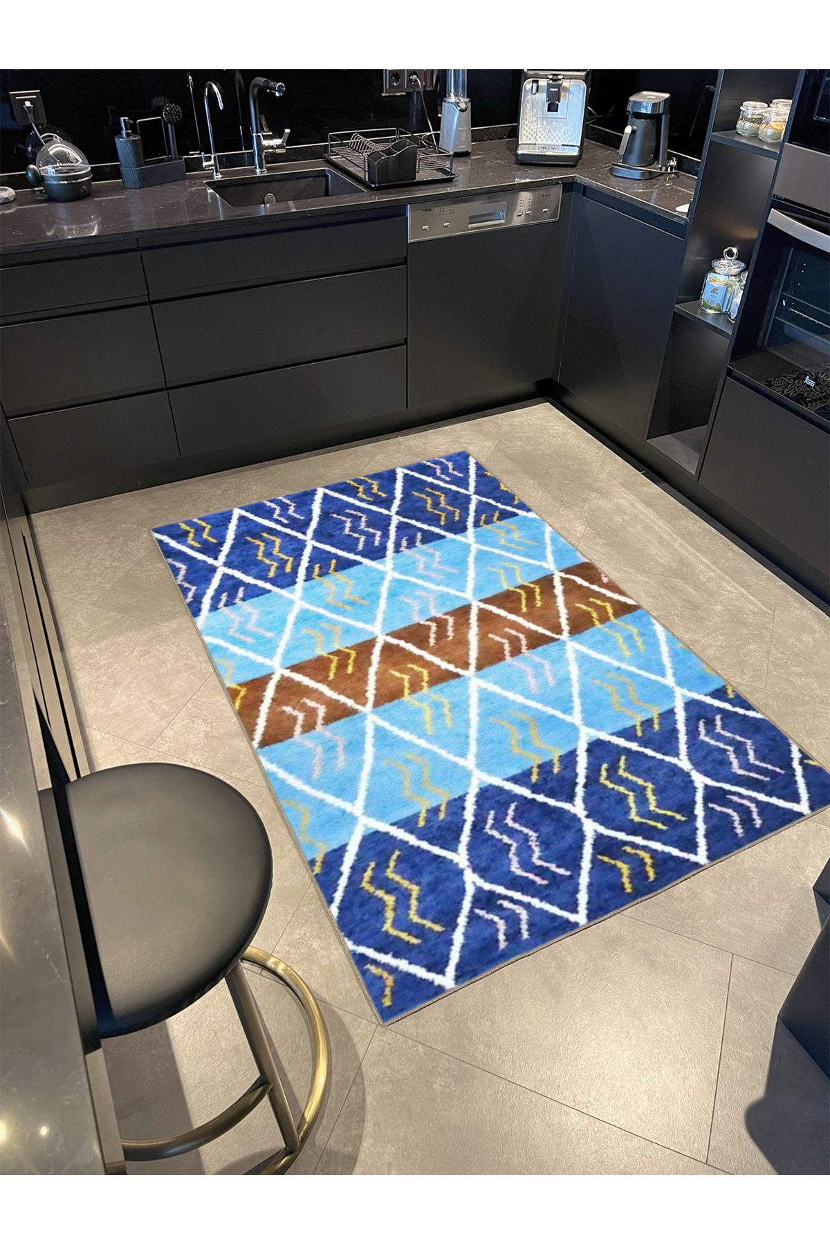 Mavi Kahverengi Temalı Geometrik Desenli Modern Dekoratif Halı 3518