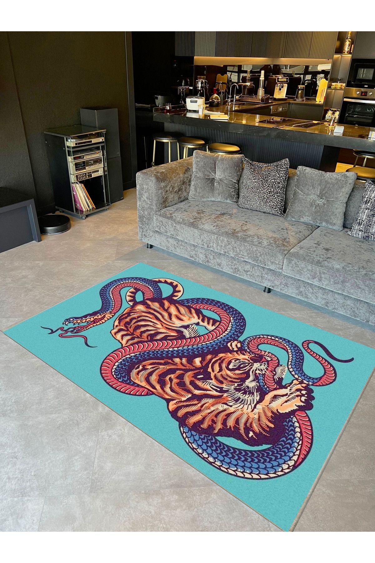 İnci Koleksiyonu Mavi Tema Kaplan ve Yılan Desenli Dokuma Taban Modern Dekoratif Halı inci18
