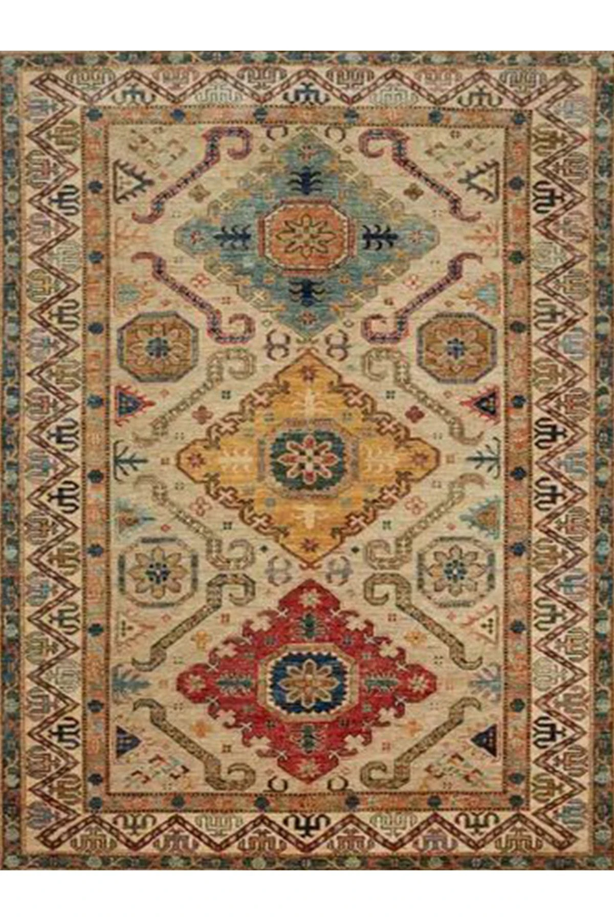 İnci Koleksiyonu Bej Tema Etnik Motif Geleneksel Desenli Dokuma Taban Vintage Dekoratif Halı inci38