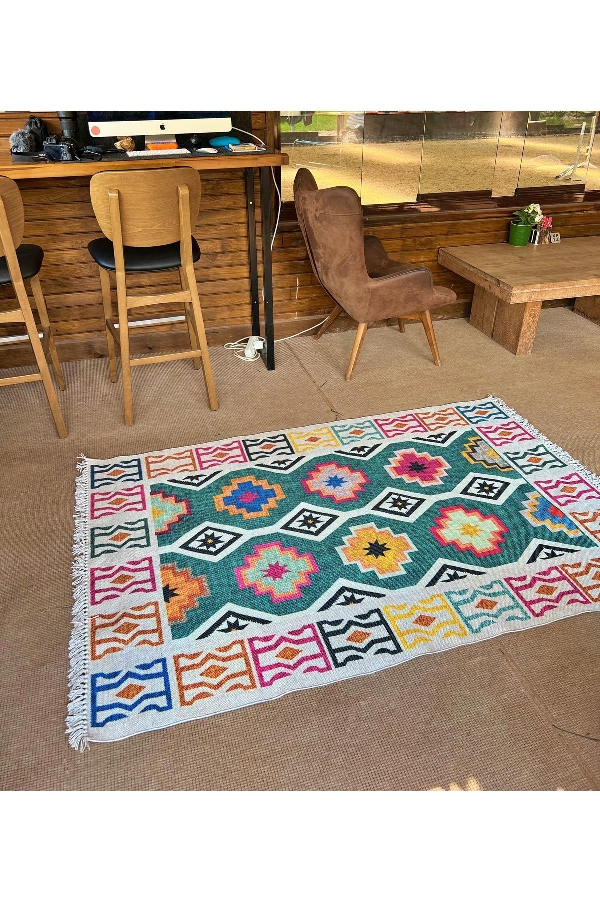 Cotton 554 Etnik Desenli Dokuma Taban Yeşil Çok Renkli Kilim