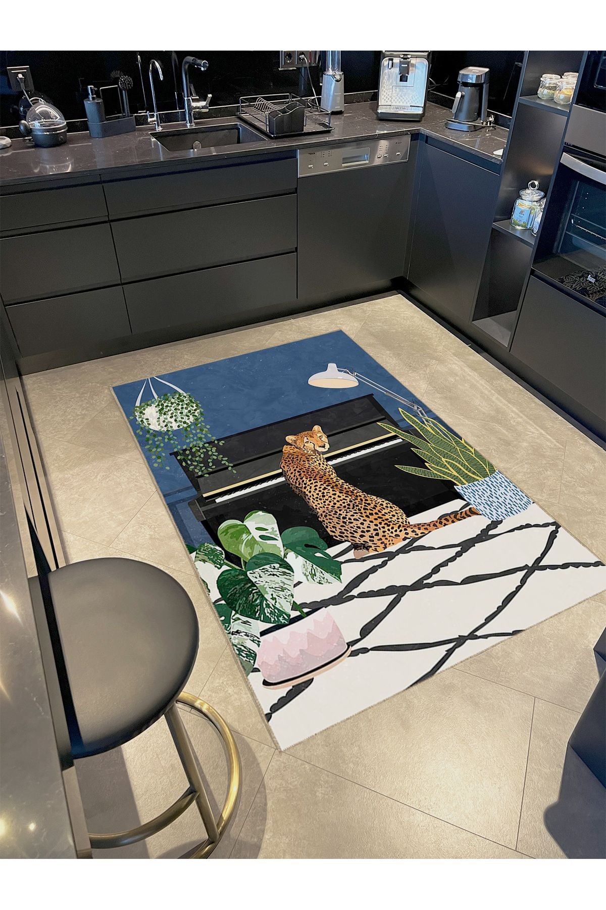 Buse Koleksiyonu Piyano ve Leopar Desenli Dokuma Taban Modern Dekoratif Halı buse16
