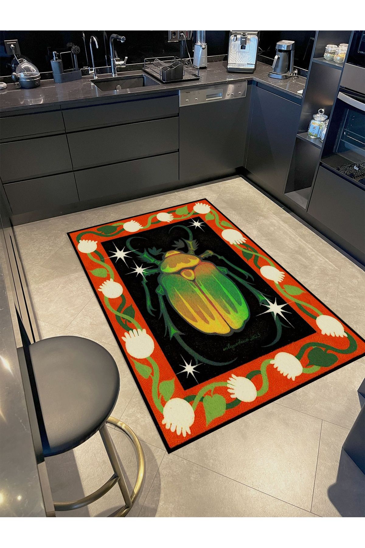 Kubilay Koleksiyonu Çok Renkli Çiçek Detaylı Böcek Desenli Dokuma Taban Modern Dekoratif Halı 20