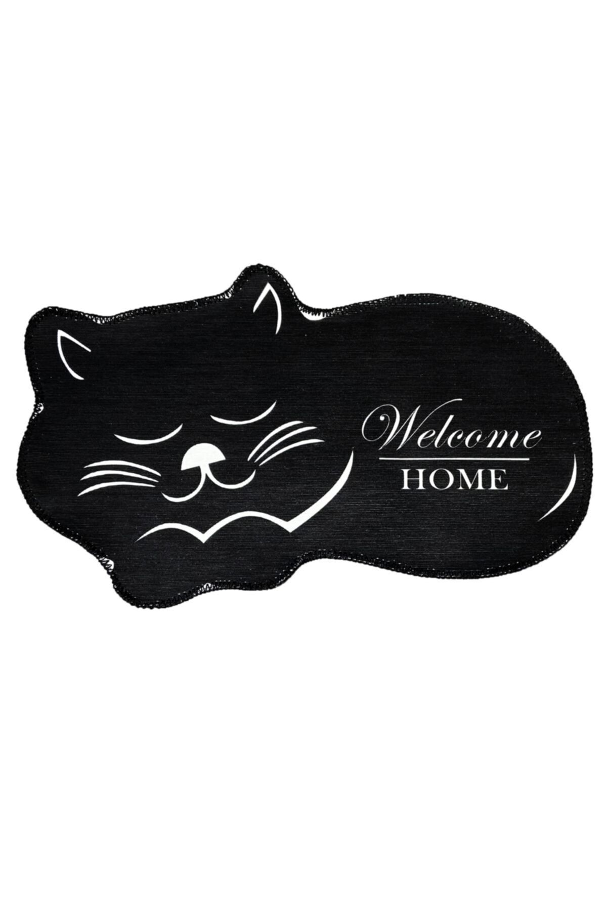 Mira 834 Siyah Beyaz Kedi Desen Yazılı Dekoratif Yıkanabilir Halı
