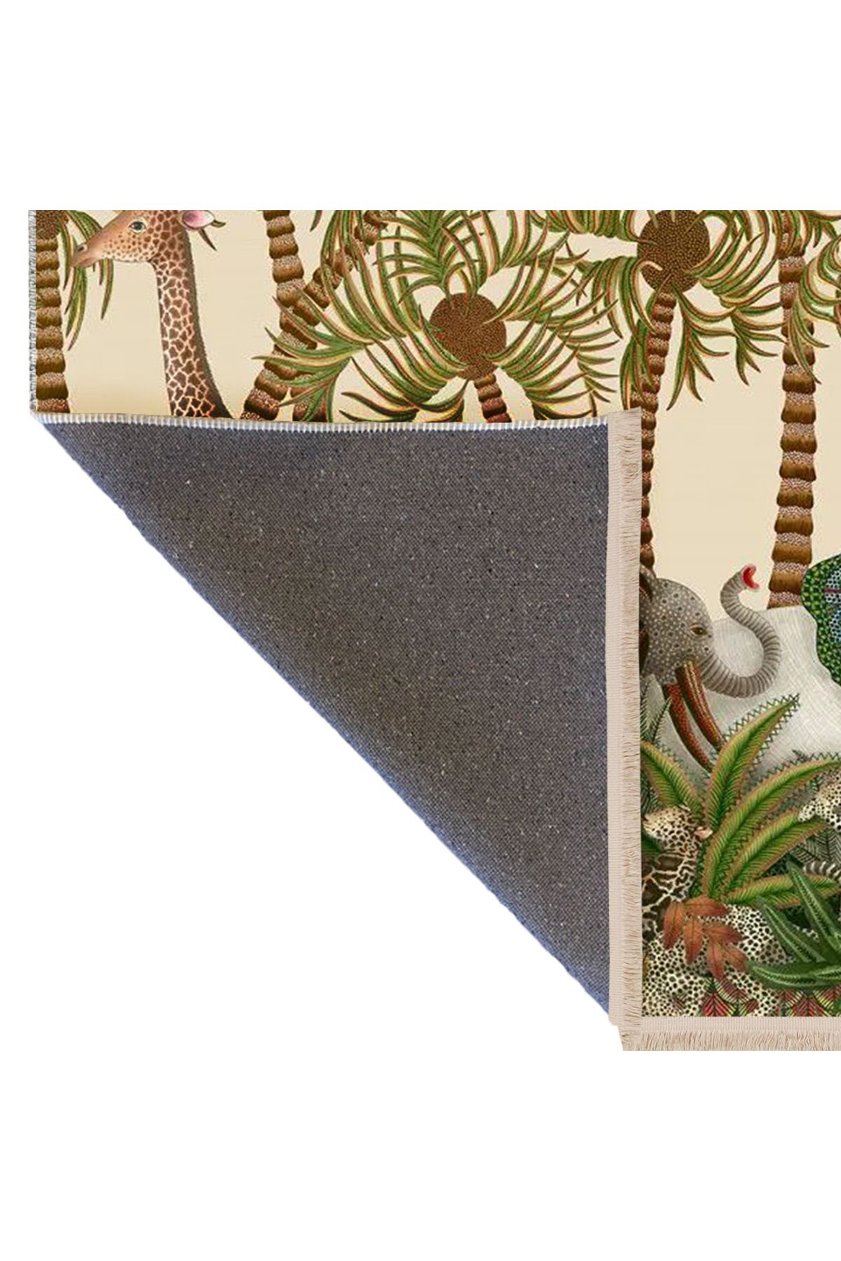 Güney Koleksiyonu Tropikal Orman Temalı Fil ve Zürafa Desenli Modern Dekoratif Halı 01