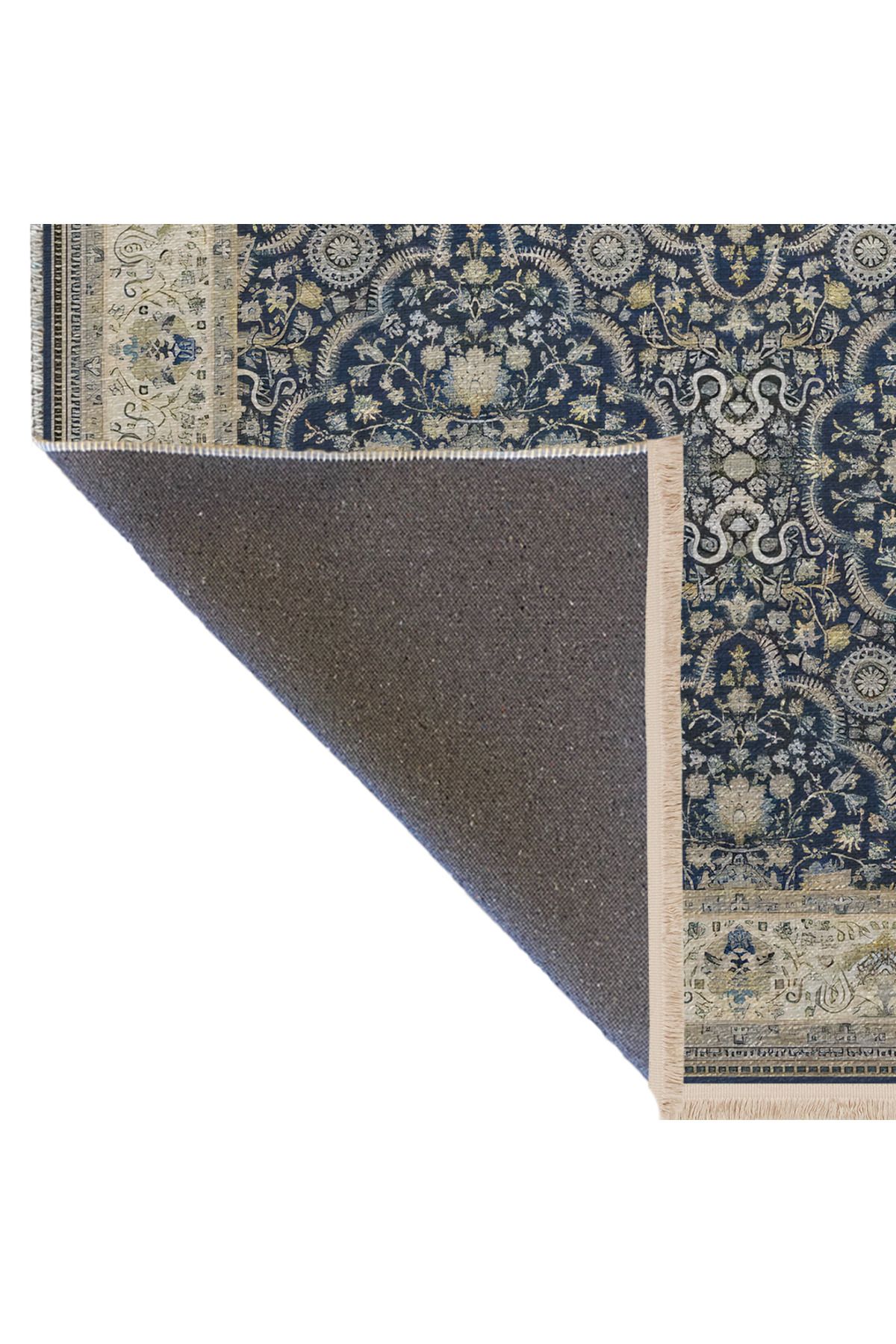 Lacivert Bej Temalı Etnik Çiçek Desenli Kreatif Vintage Dekoratif Halı 2449