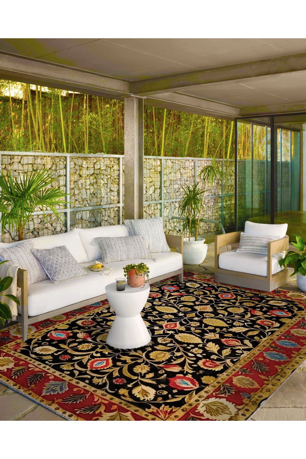 Paris Koleksiyonu Siyah Temalı Etnik Çiçek Motifleri Desenli Vintage Dekoratif Halı 61